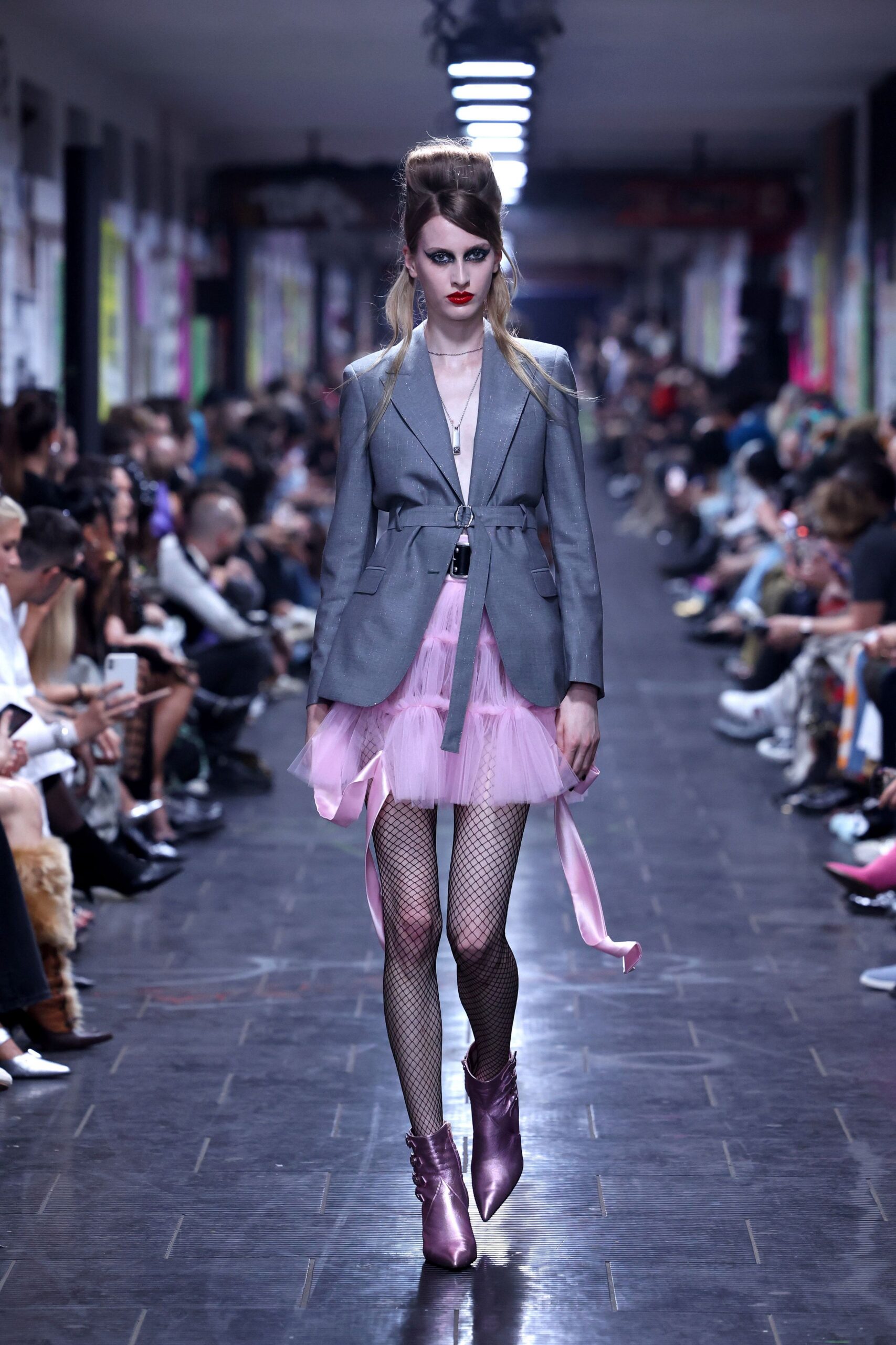 gray tailored blazer pink tulle skirt