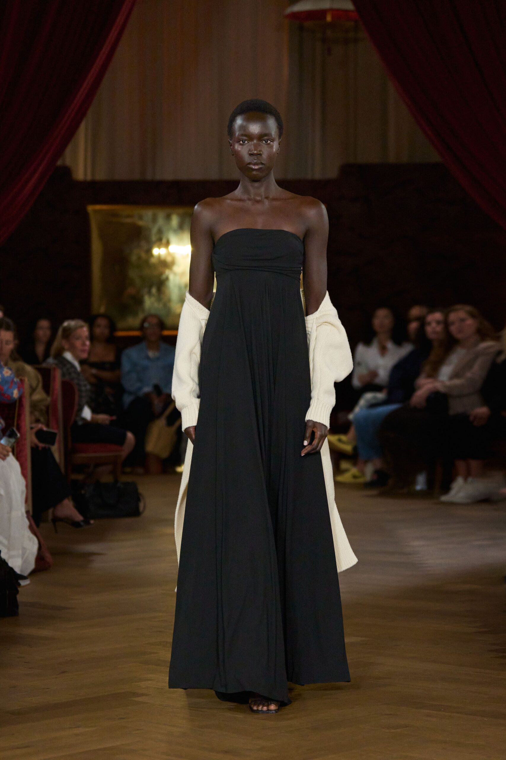 black cotton strapless fitted flowing maxi gown