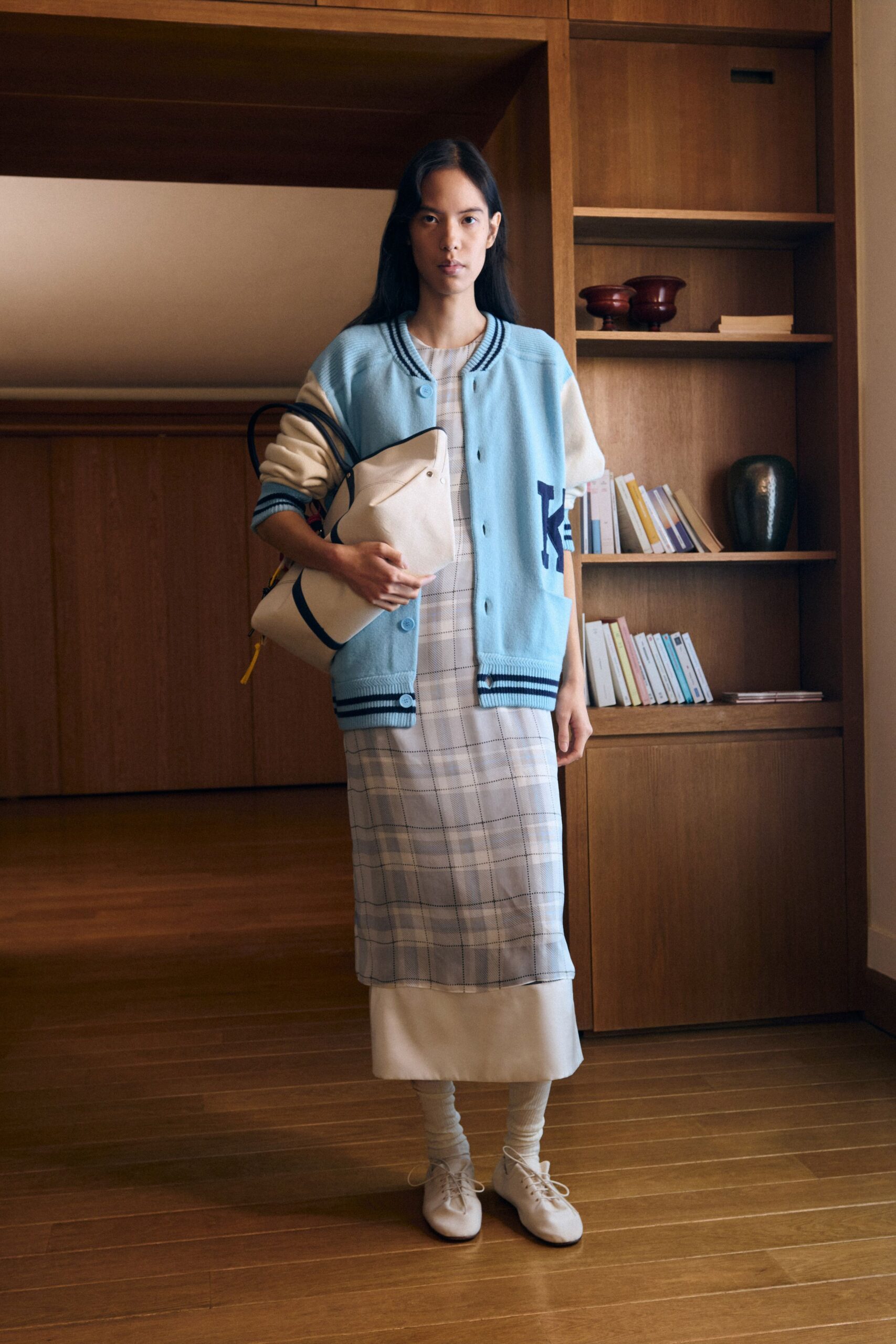 white plaid midi dress with blue jacket
