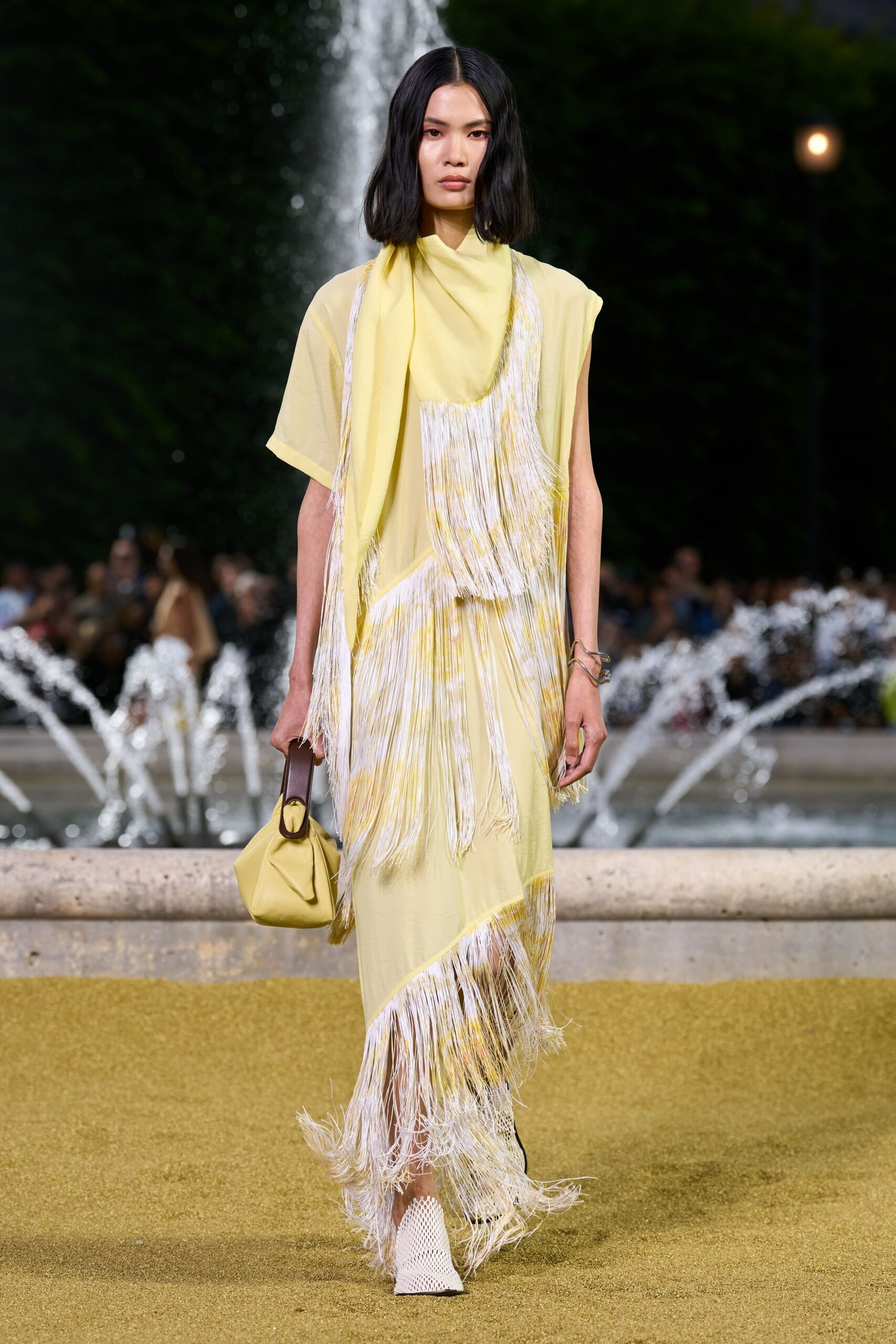 yellow silk sleeveless relaxed fringed flowing maxi dress