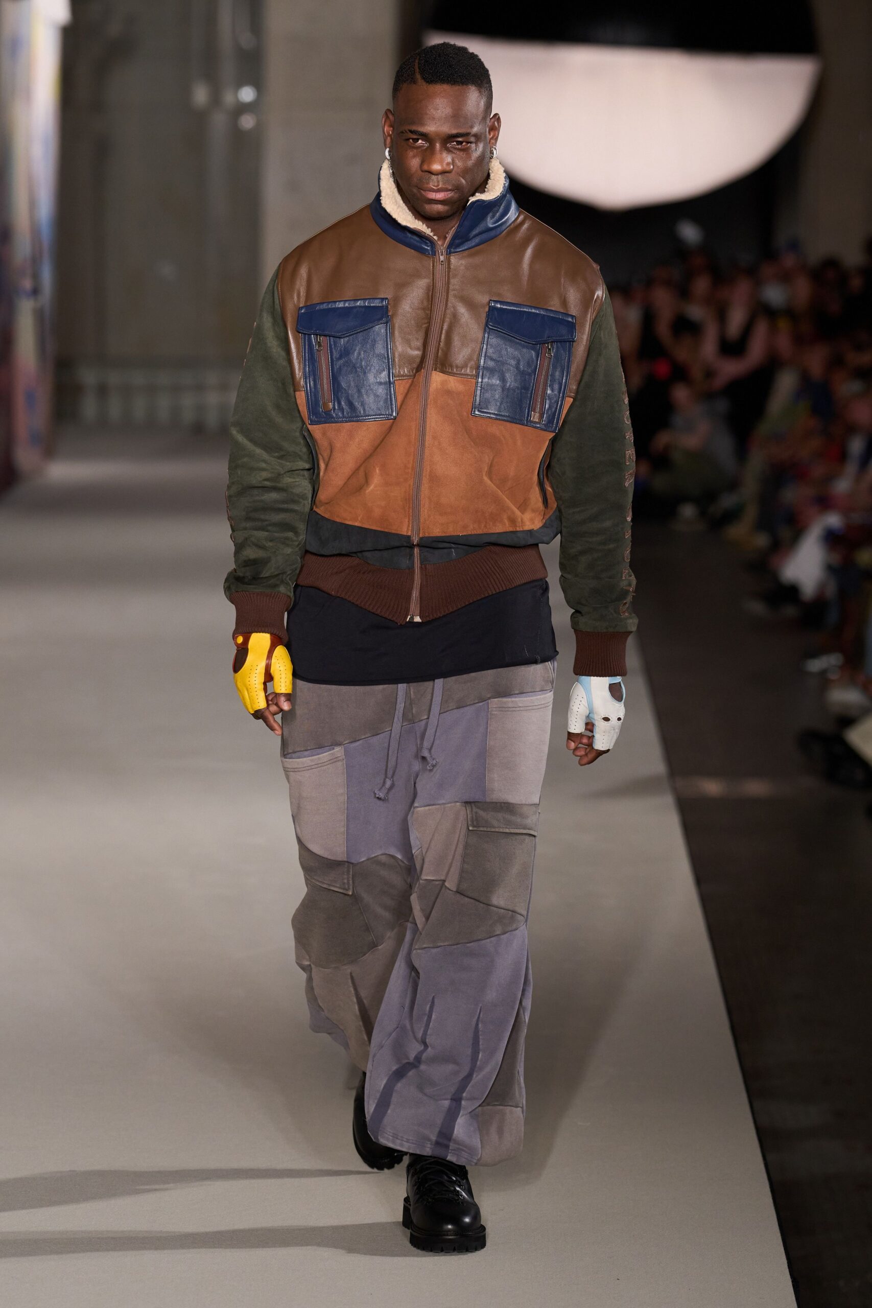brown leather long-sleeve collared relaxed zippered color-blocked jacket