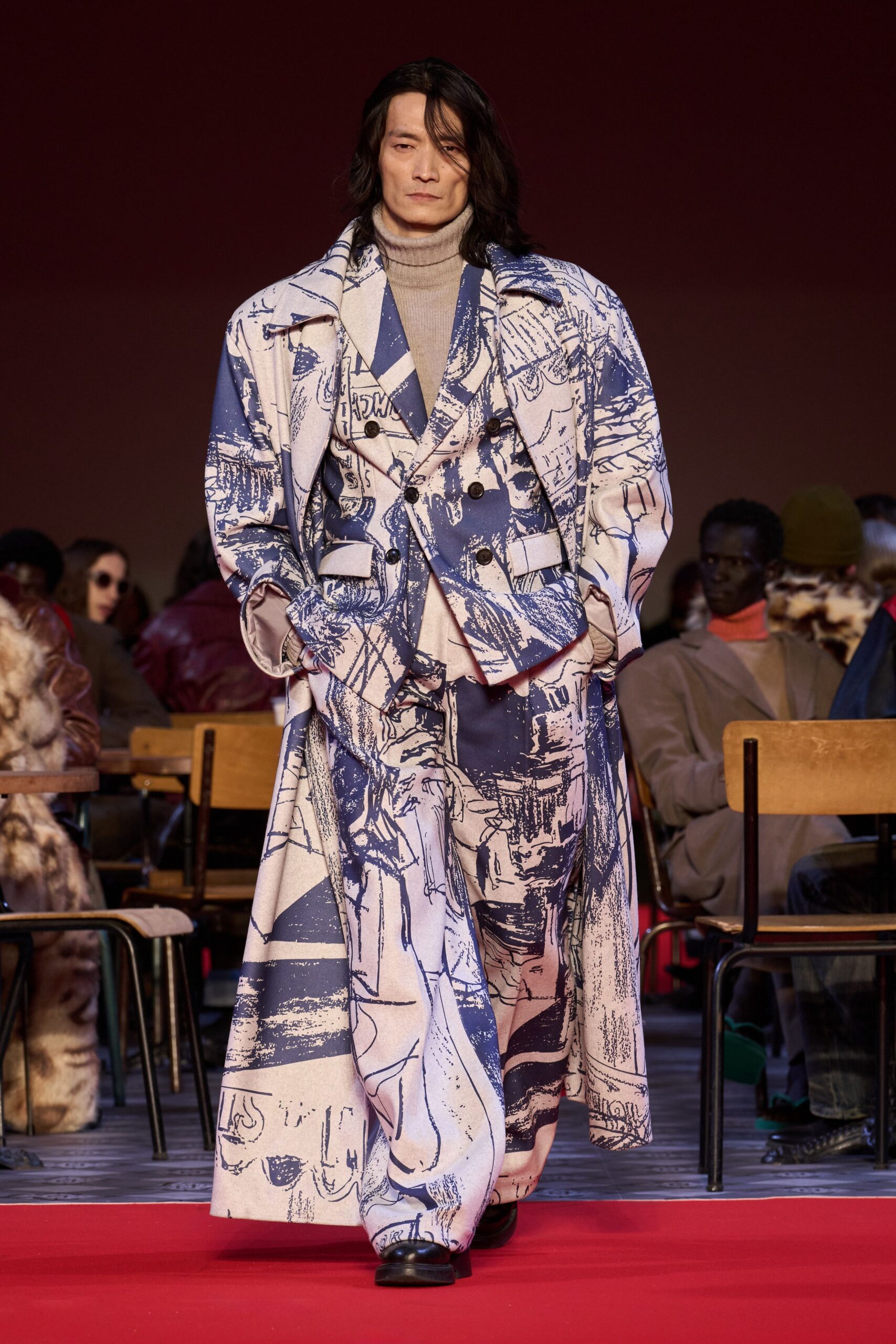 blue cotton long-sleeve collared tailored printed suit