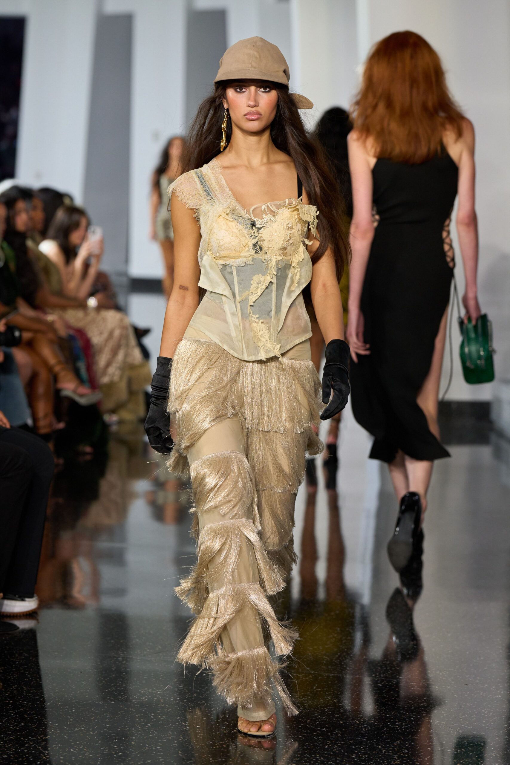 beige silk sleeveless v-neck fitted ruffled layered top