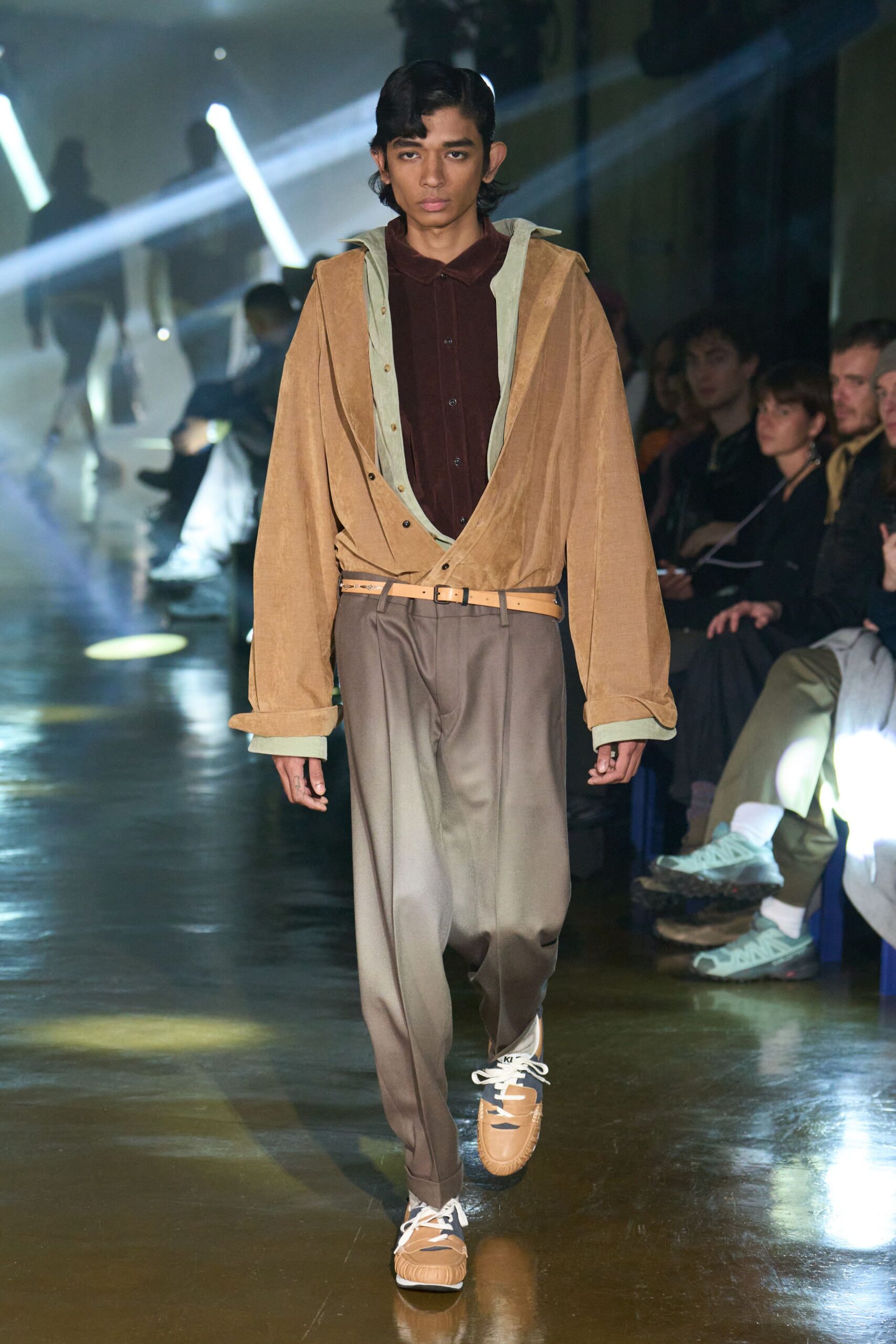 brown relaxed jacket with red shirt