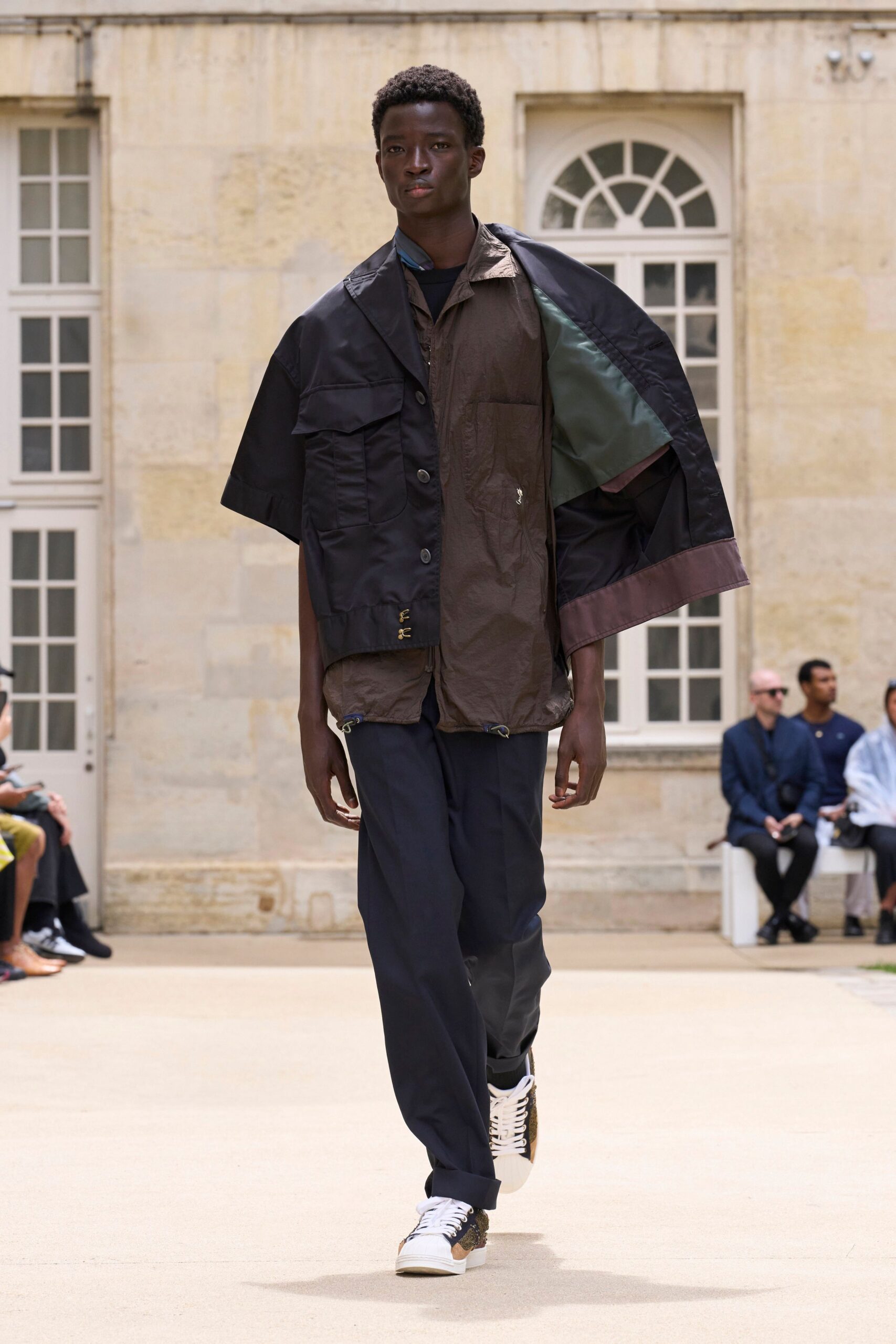 relaxed black brown jacket with green shirt