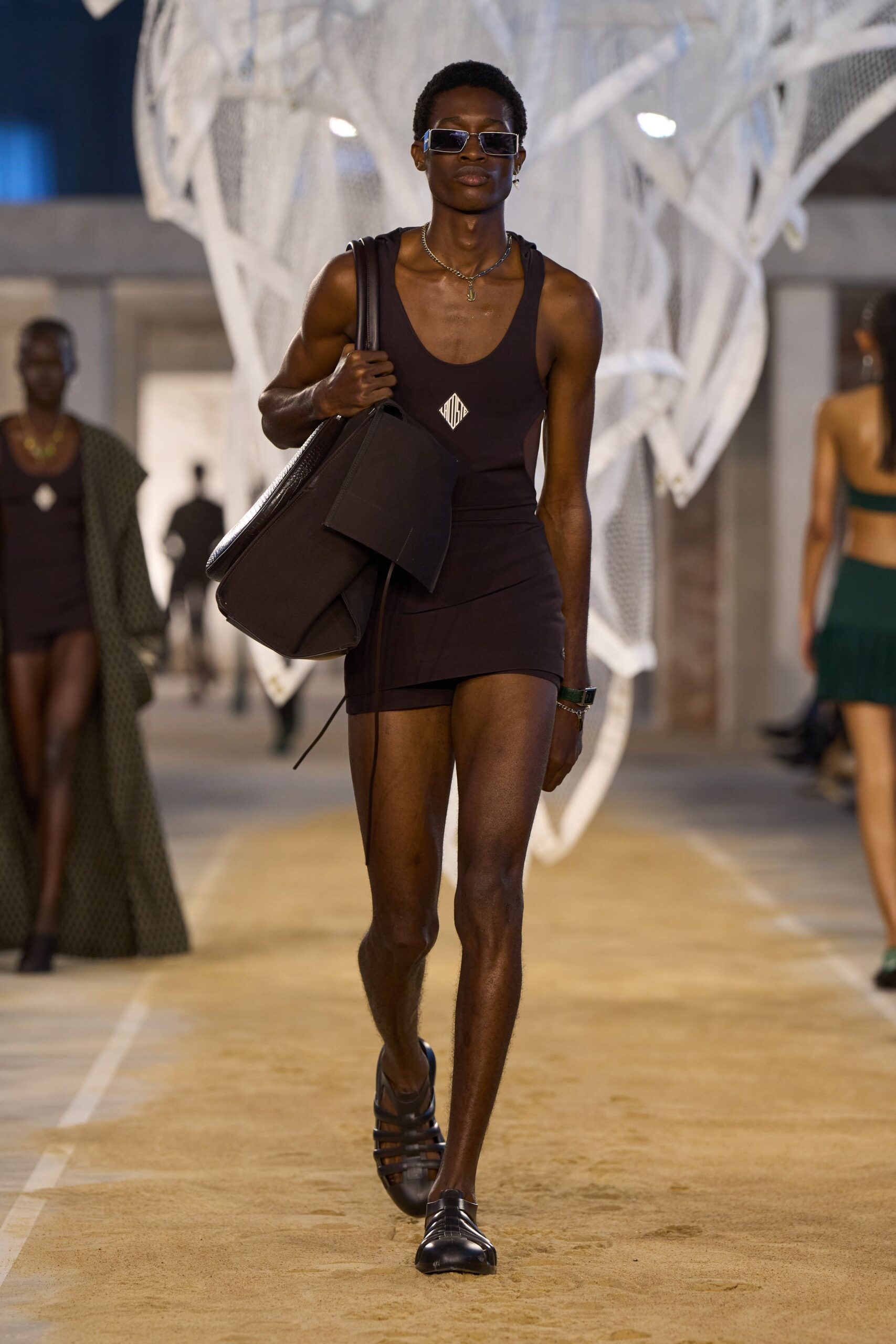 brown cotton sleeveless high-neck fitted straight-leg mini dress