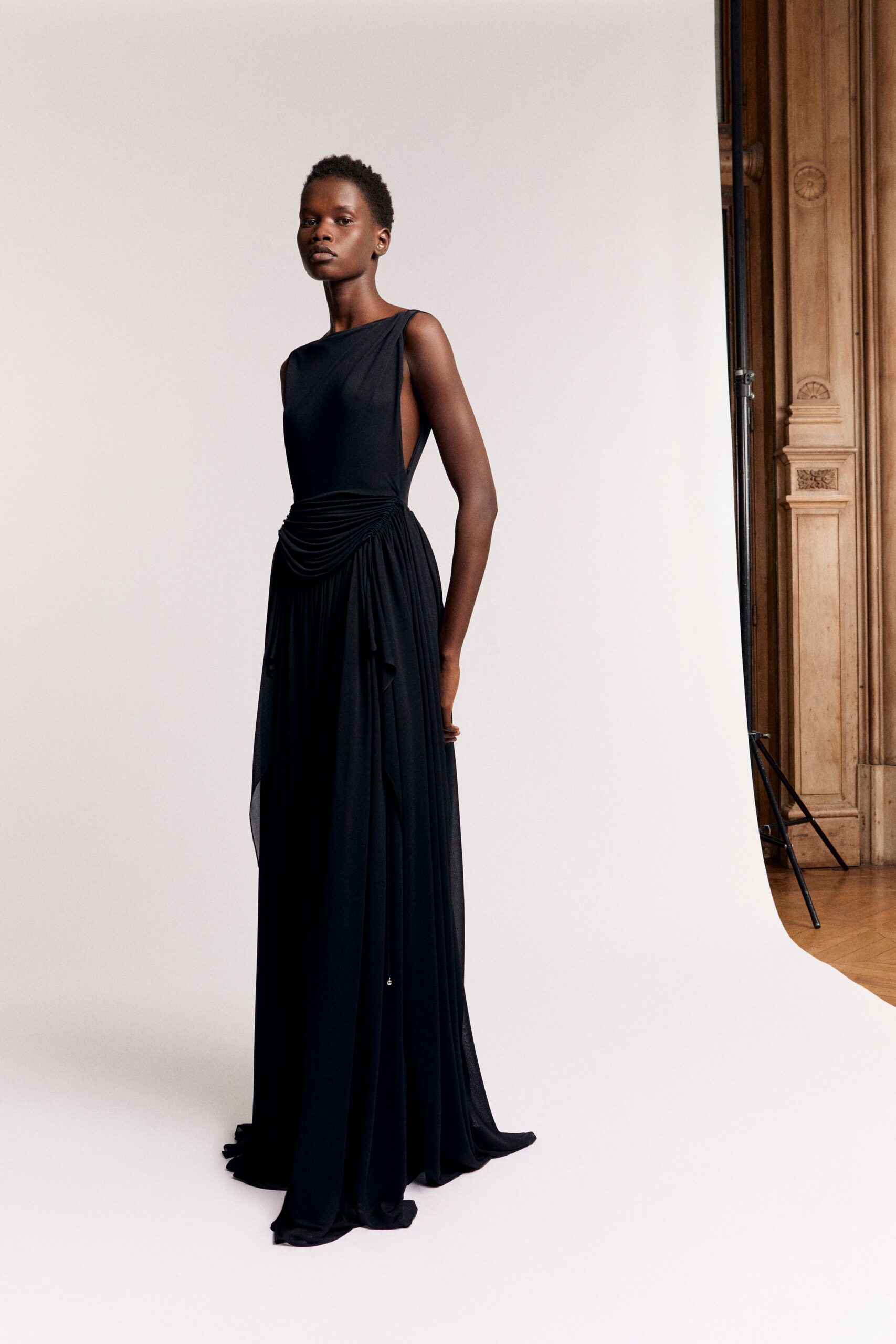 black silk sleeveless gown
