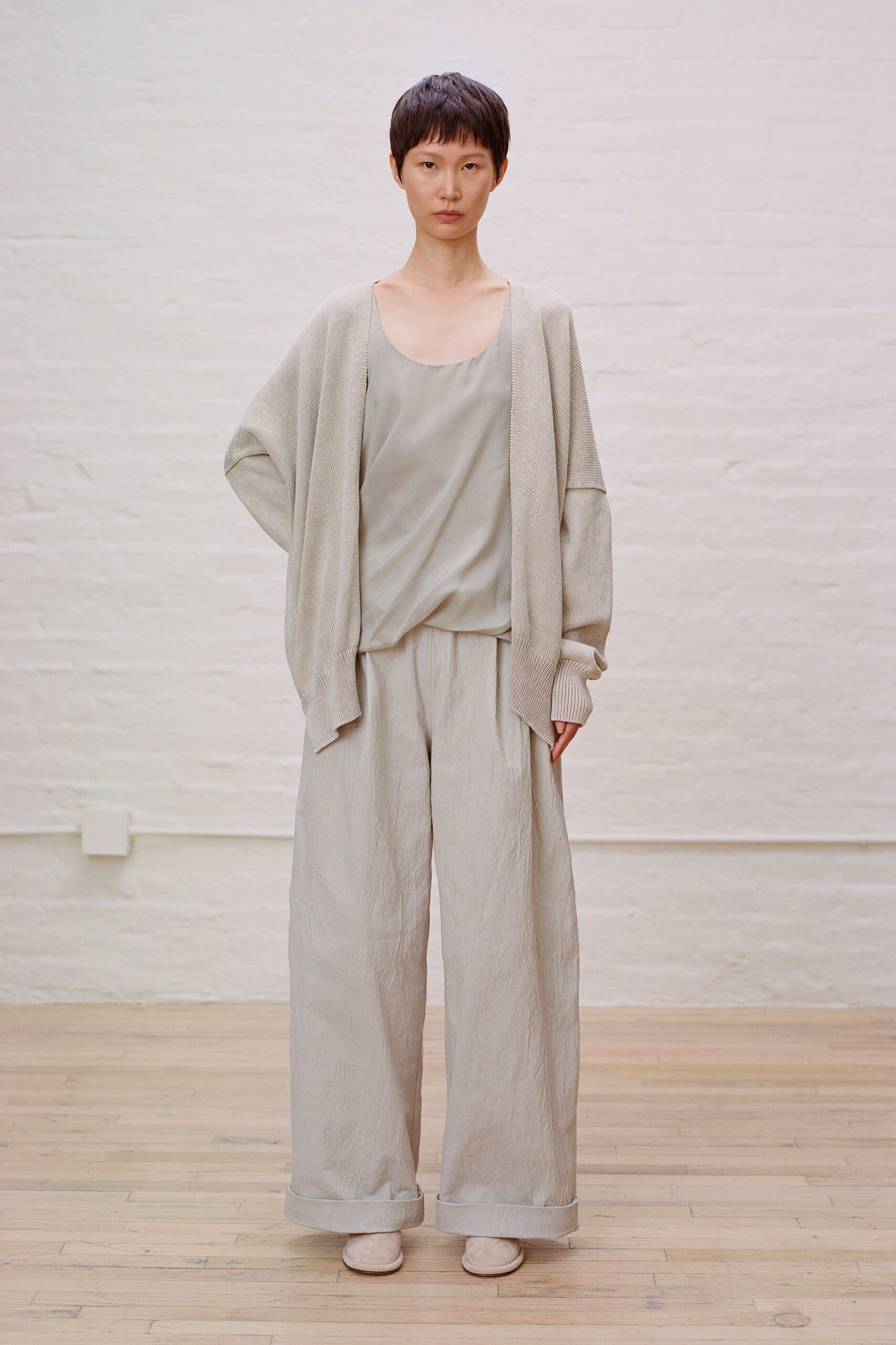 beige cotton long-sleeve oversized cardigan