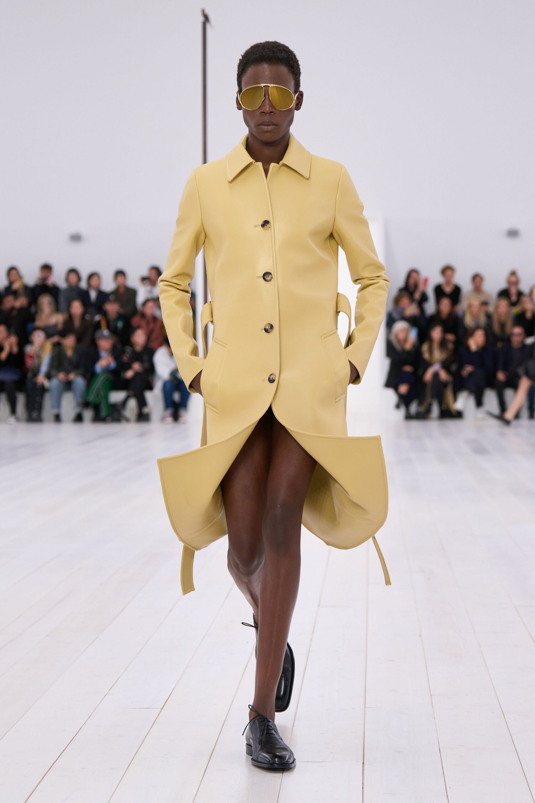 yellow leather long-sleeve collared fitted buttoned midi coat