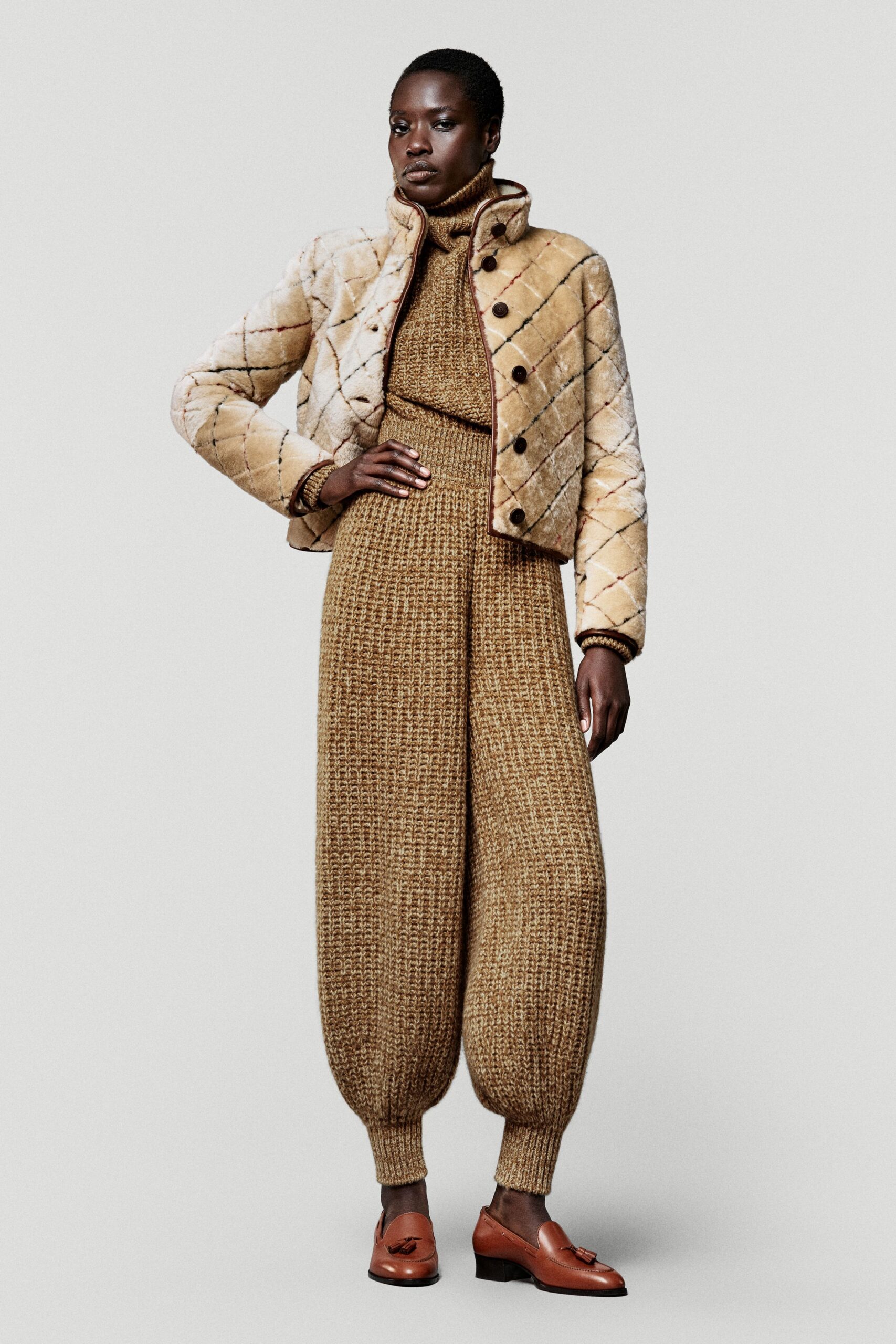 beige wool long-sleeve collared fitted quilted buttoned jacket