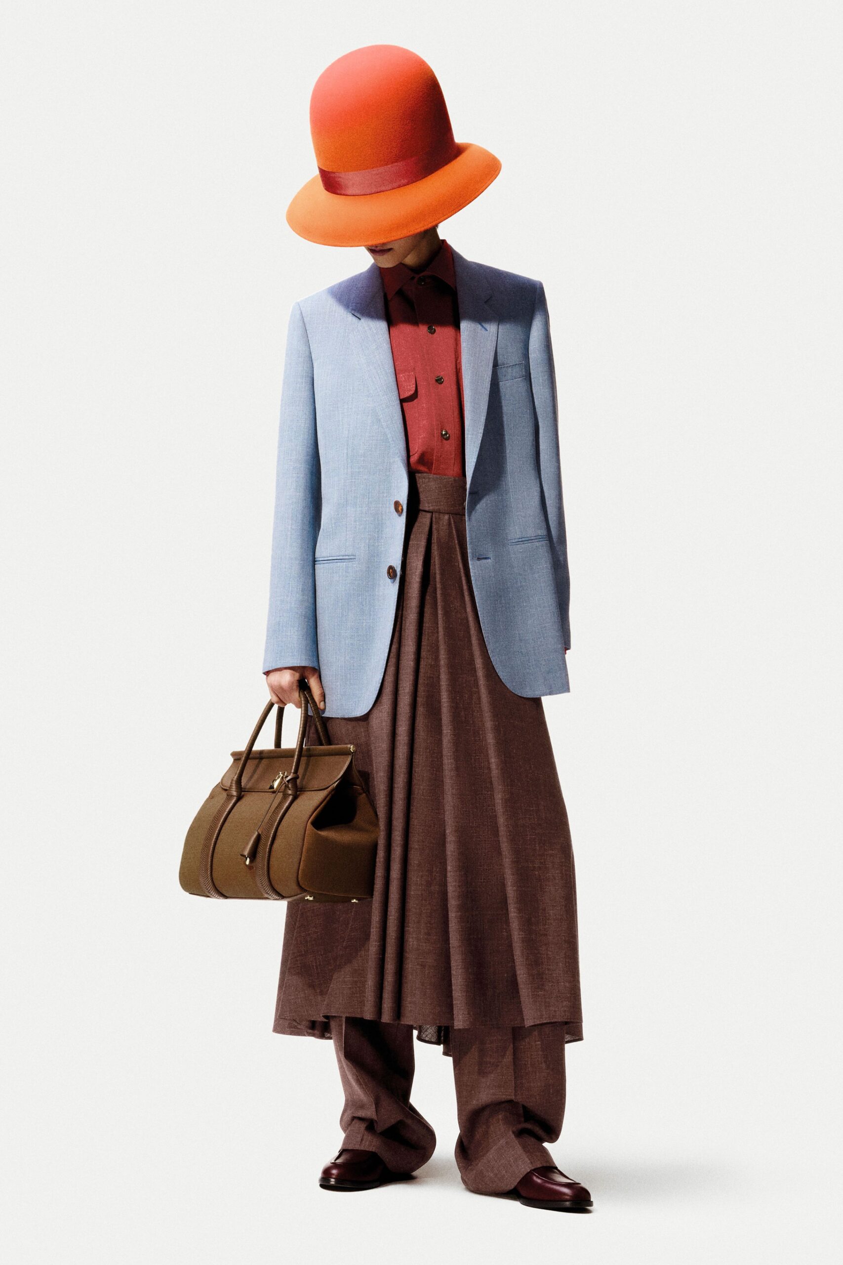 blue blazer red shirt brown skirt
