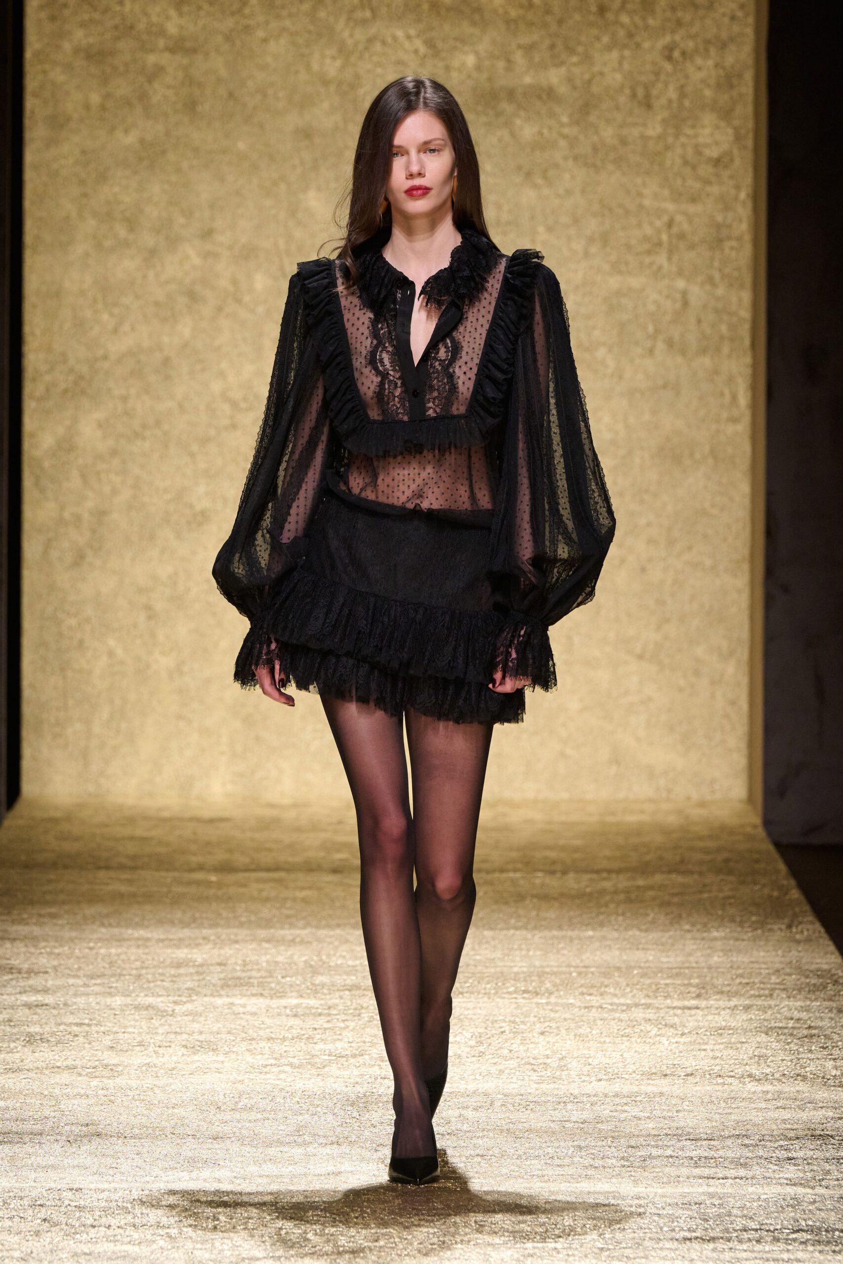 black lace blouse and mini skirt