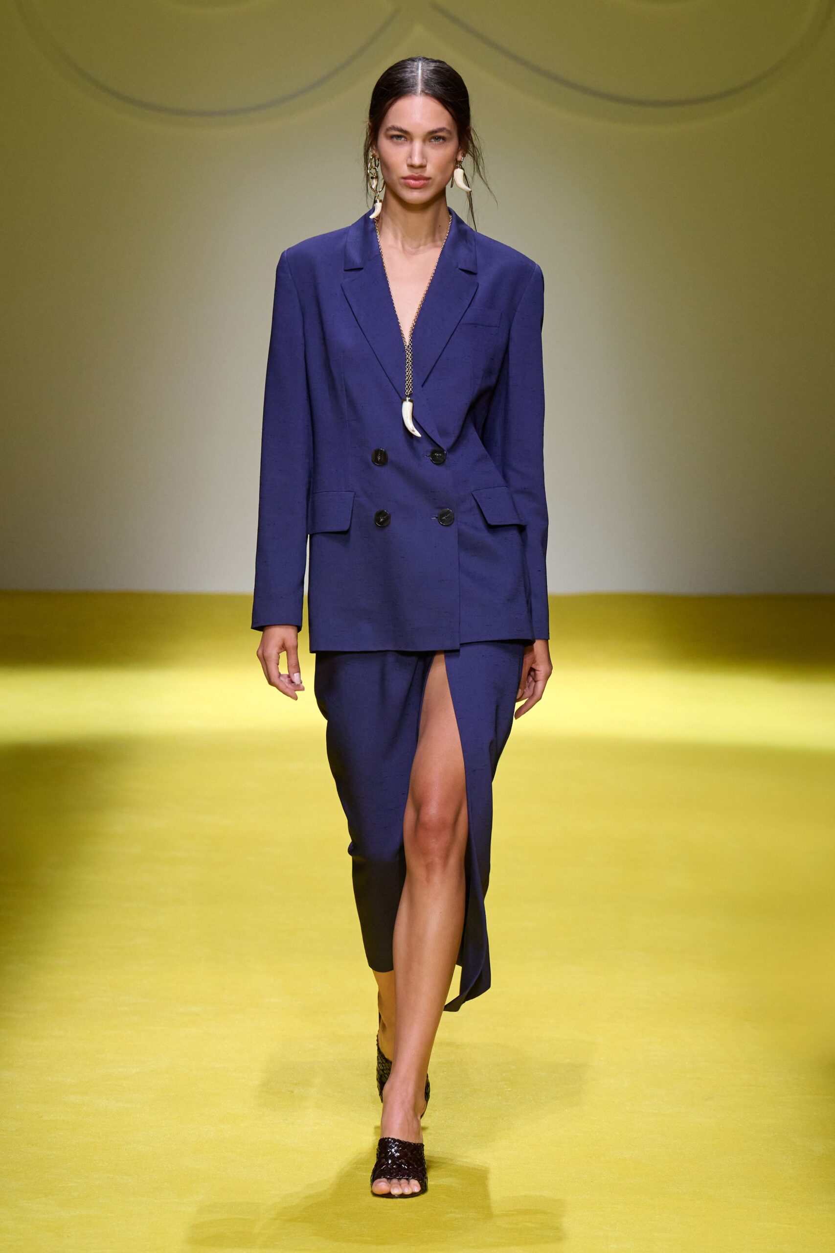 blue tailored blazer with slit skirt