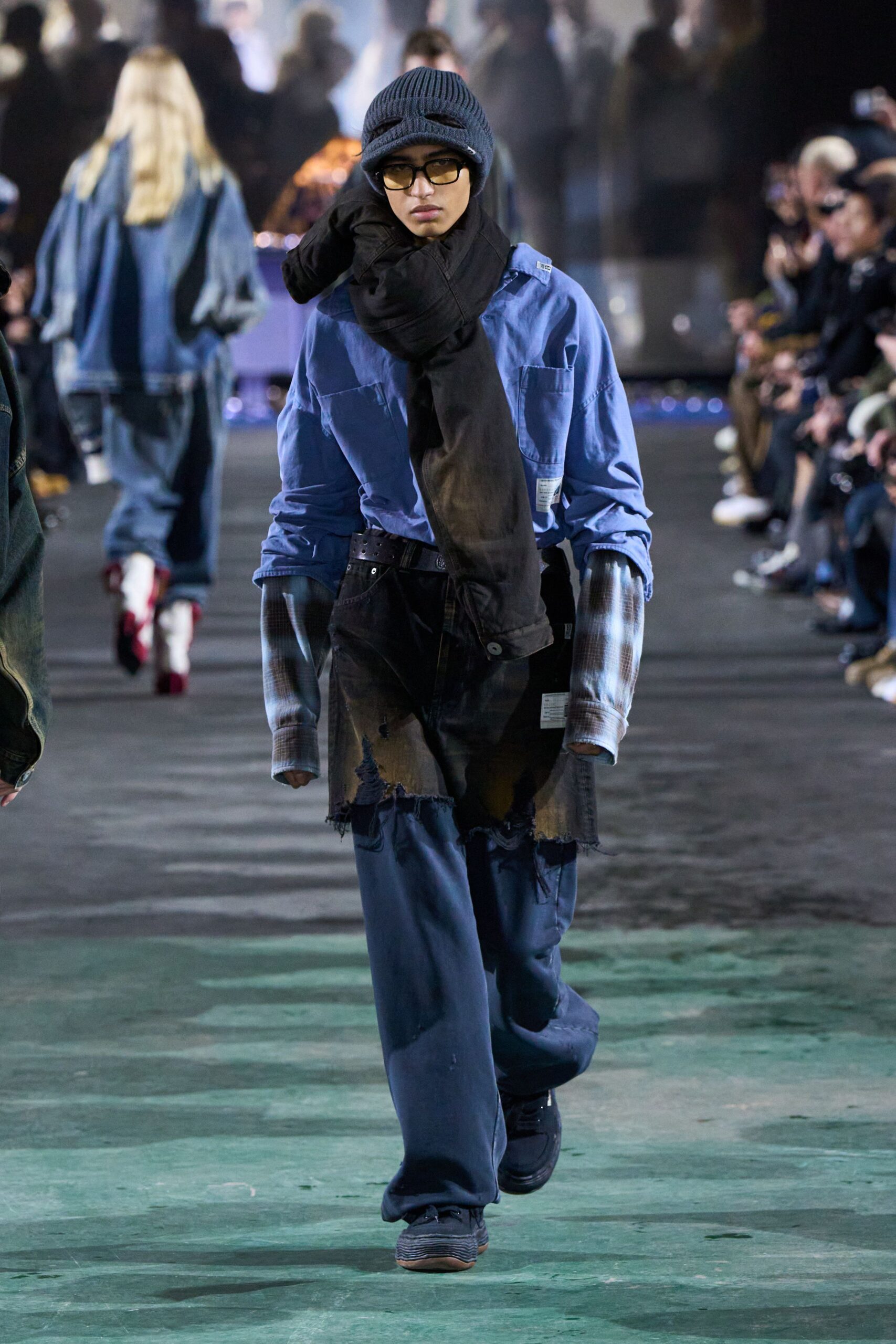 blue relaxed shirt with distressed pants