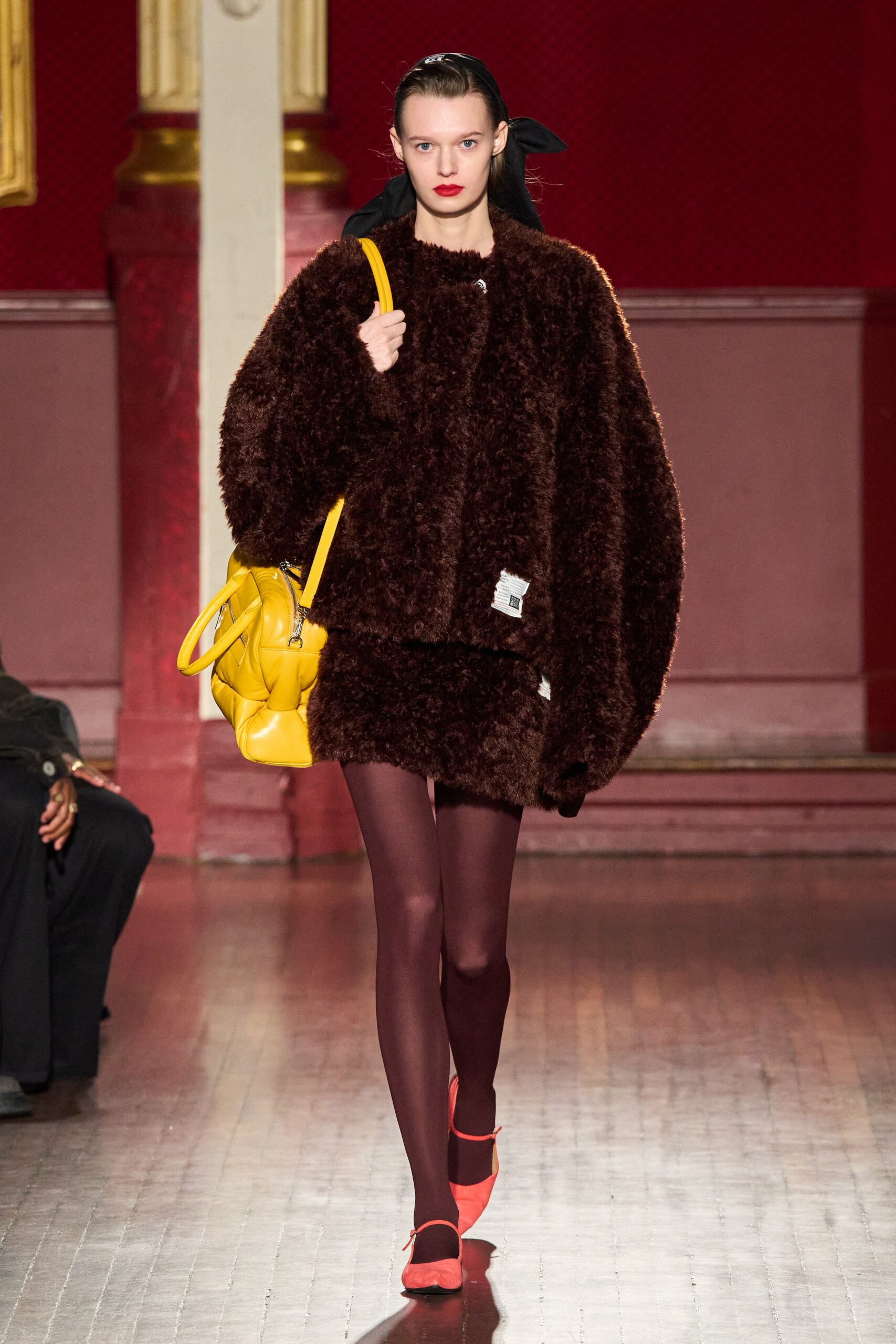 brown fur oversized top with mini skirt