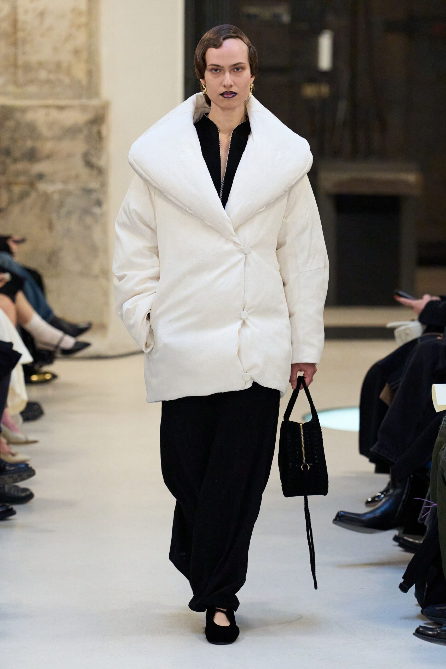 white wool coat black shirt pants