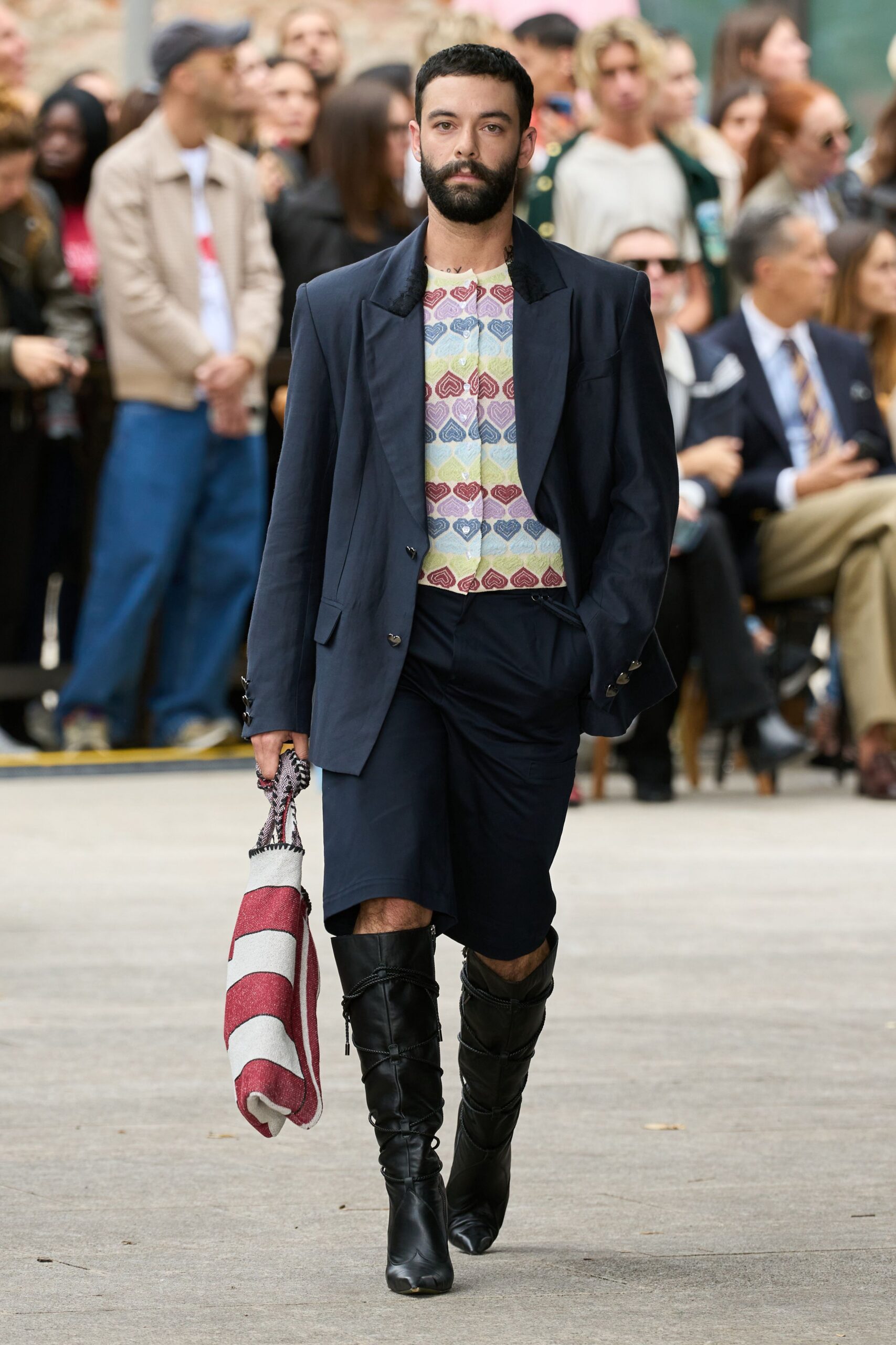 black blazer multi-colored top