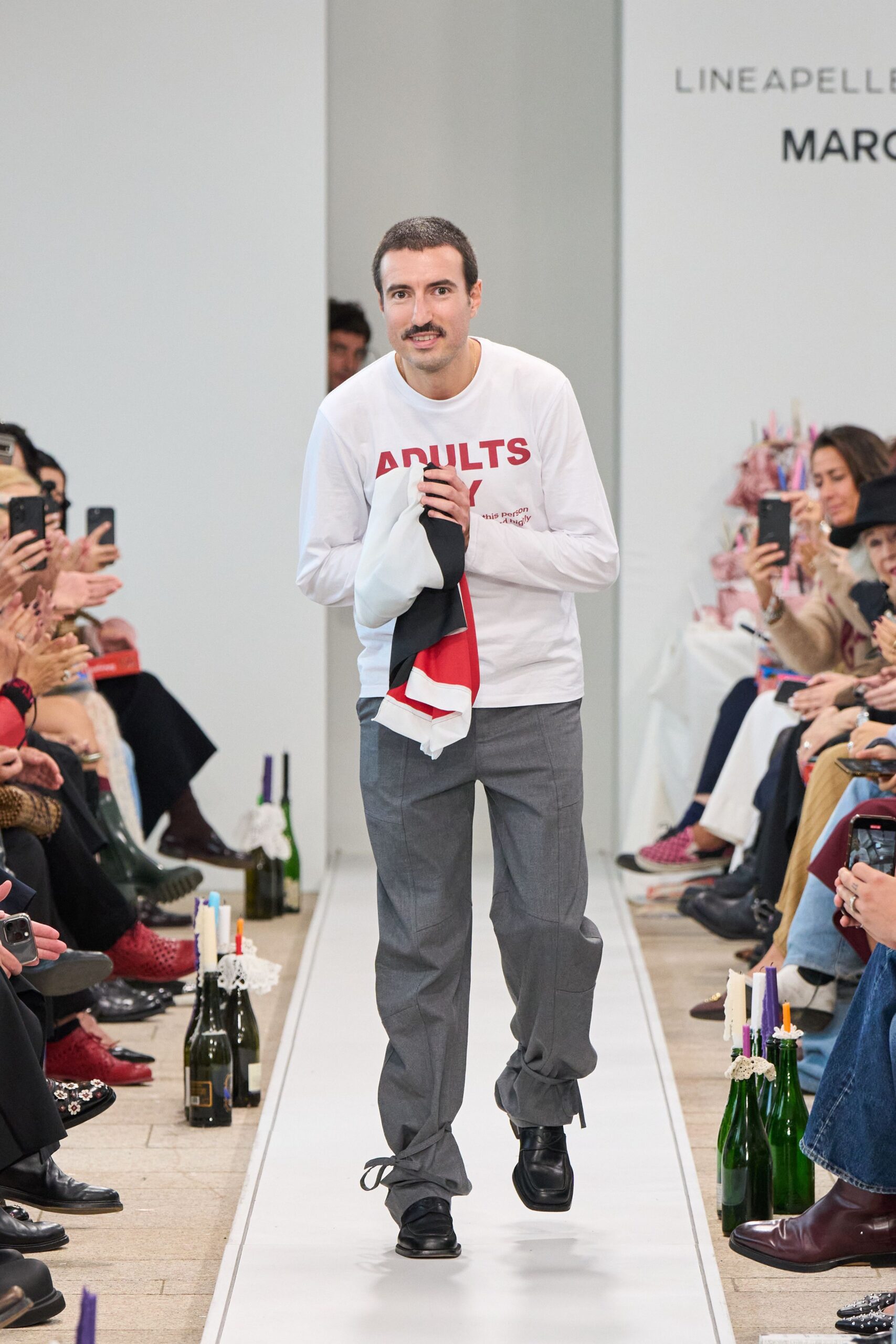 relaxed white red t-shirt with gray pants