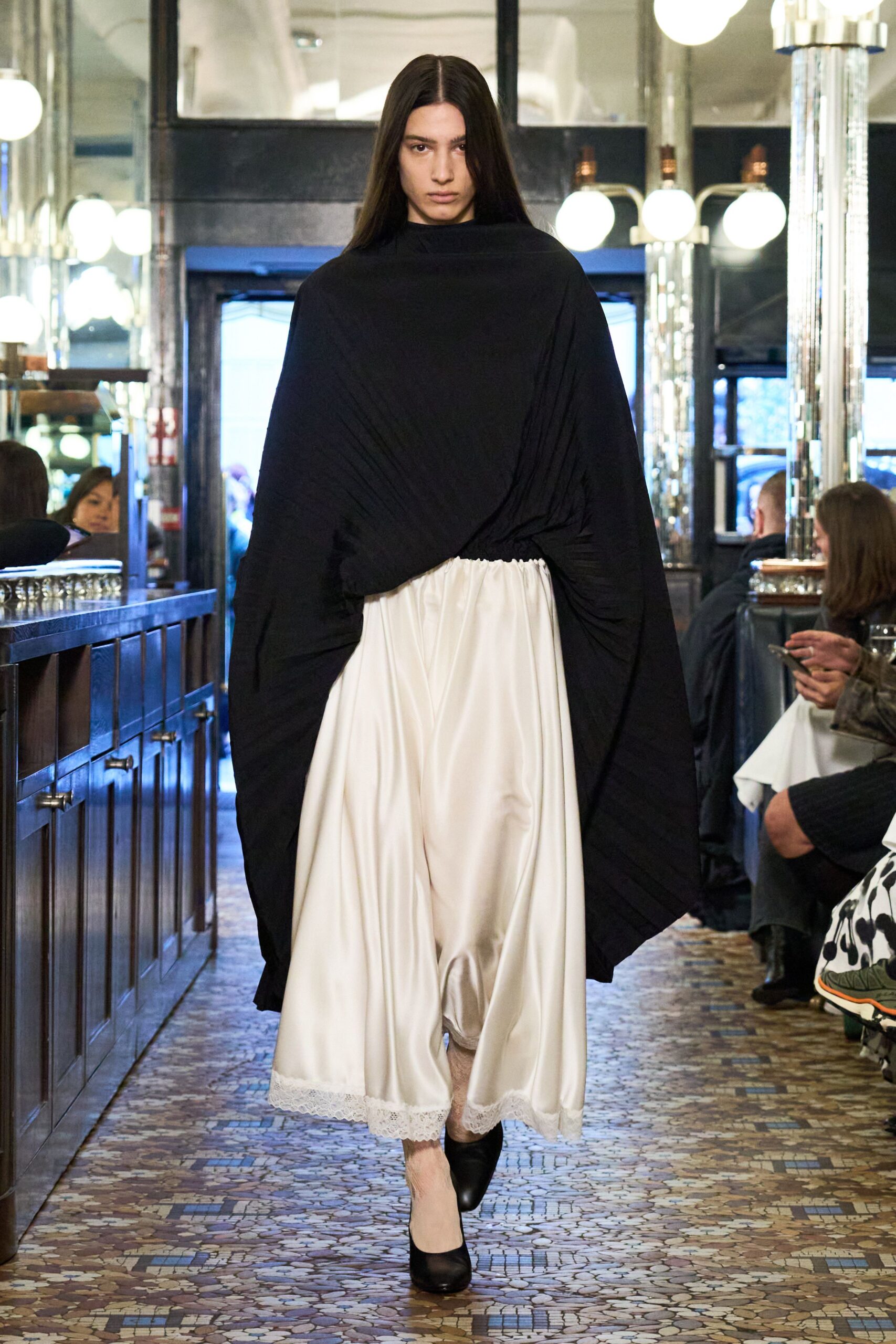 black silk oversized pleated cape