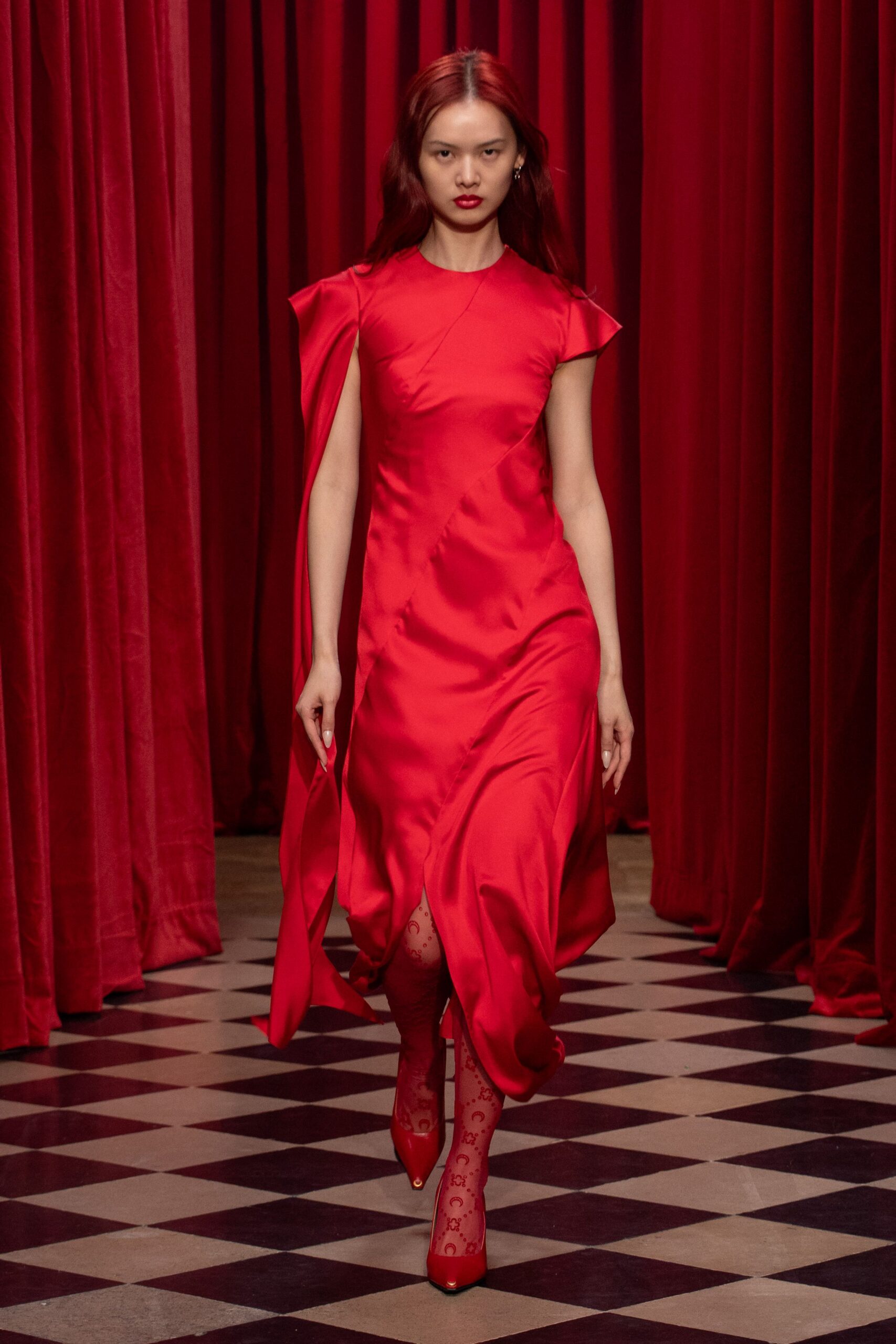red silk midi dress with heels