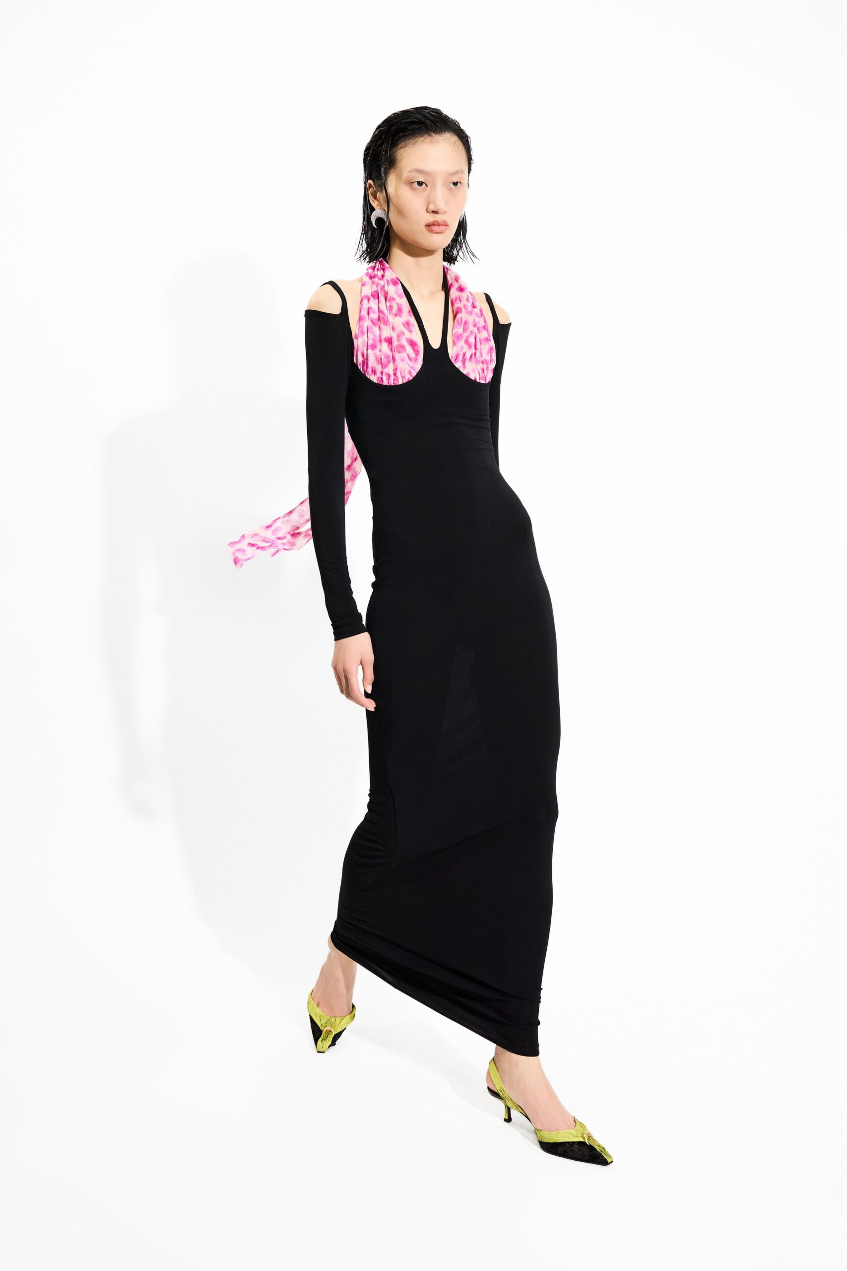 black cotton long-sleeve v-neck fitted layered maxi dress
