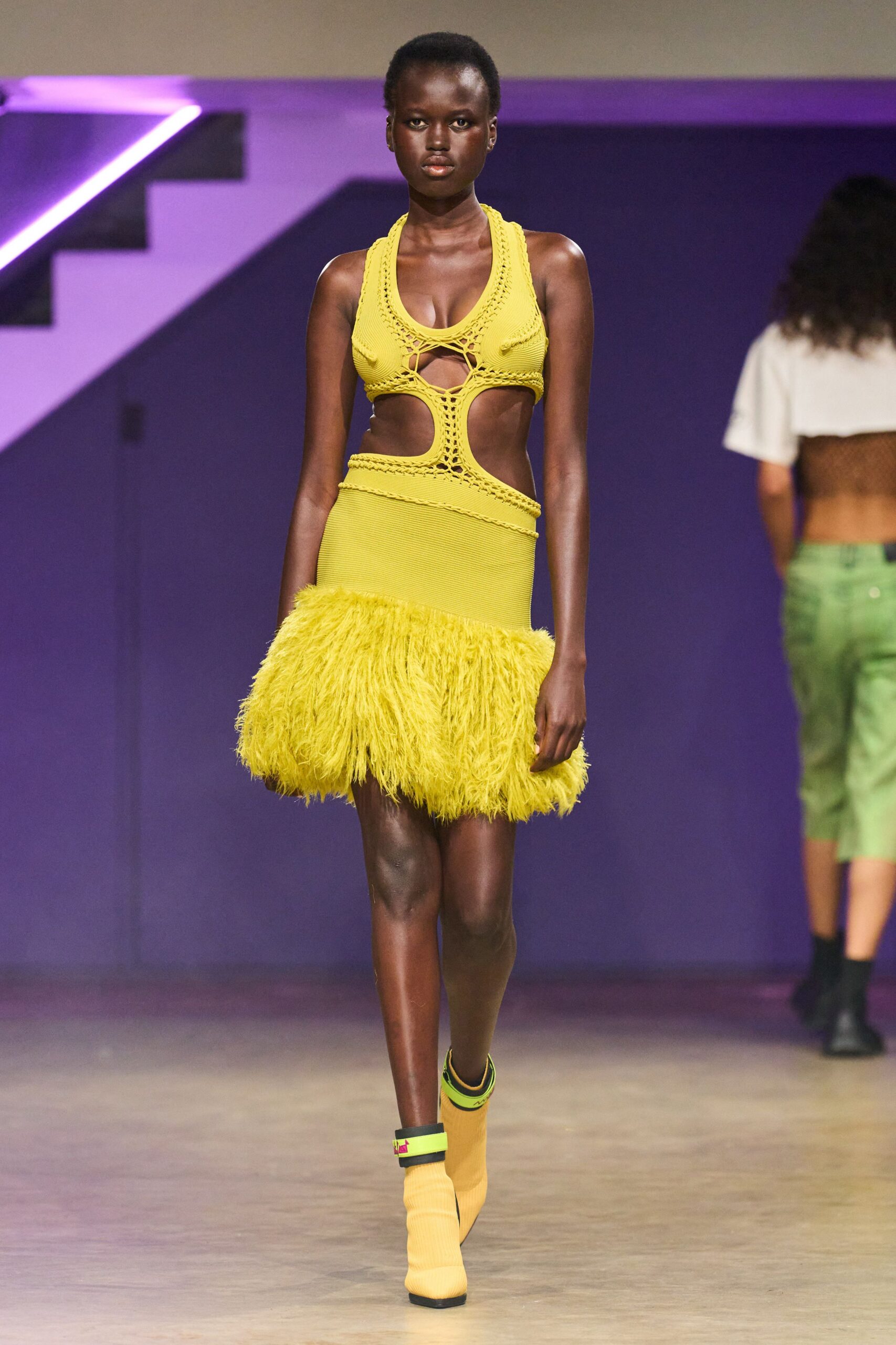 yellow knit sleeveless cutout fitted fringed mini dress
