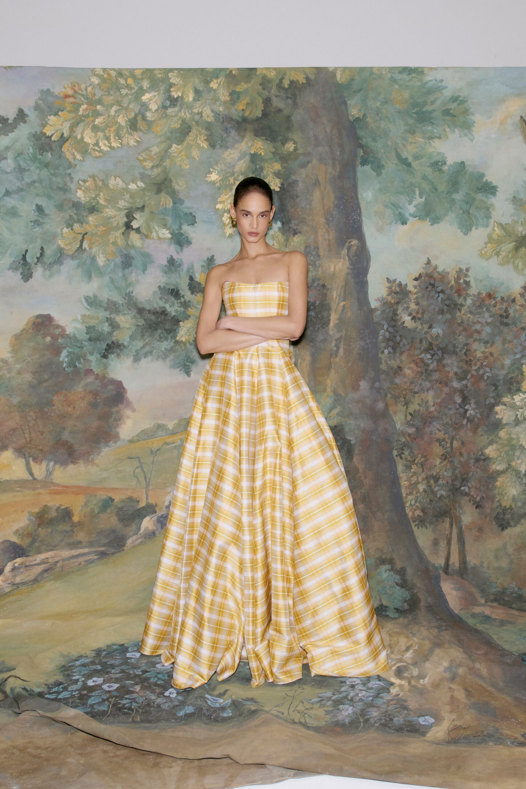 yellow plaid strapless gown