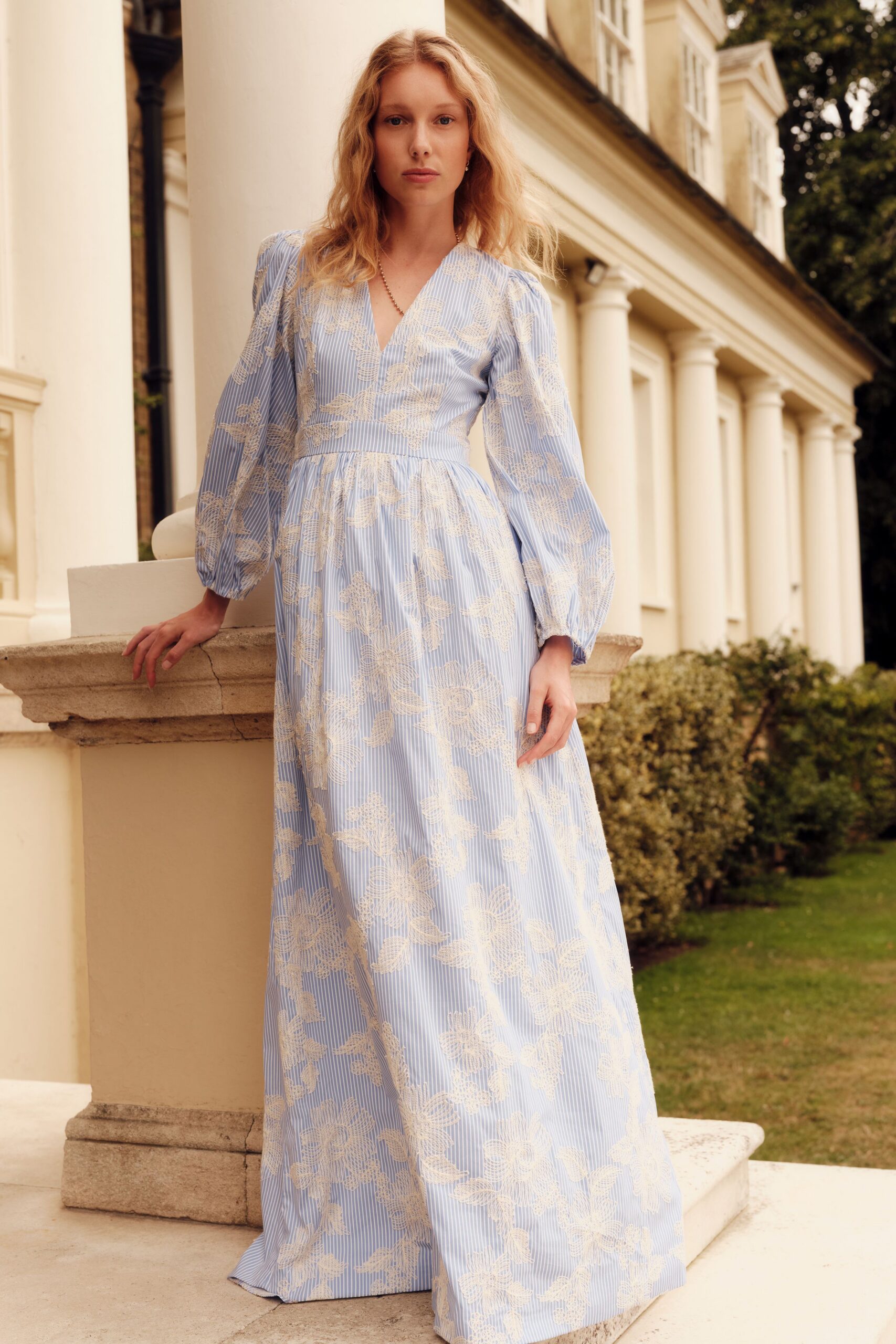 blue and white floral gown