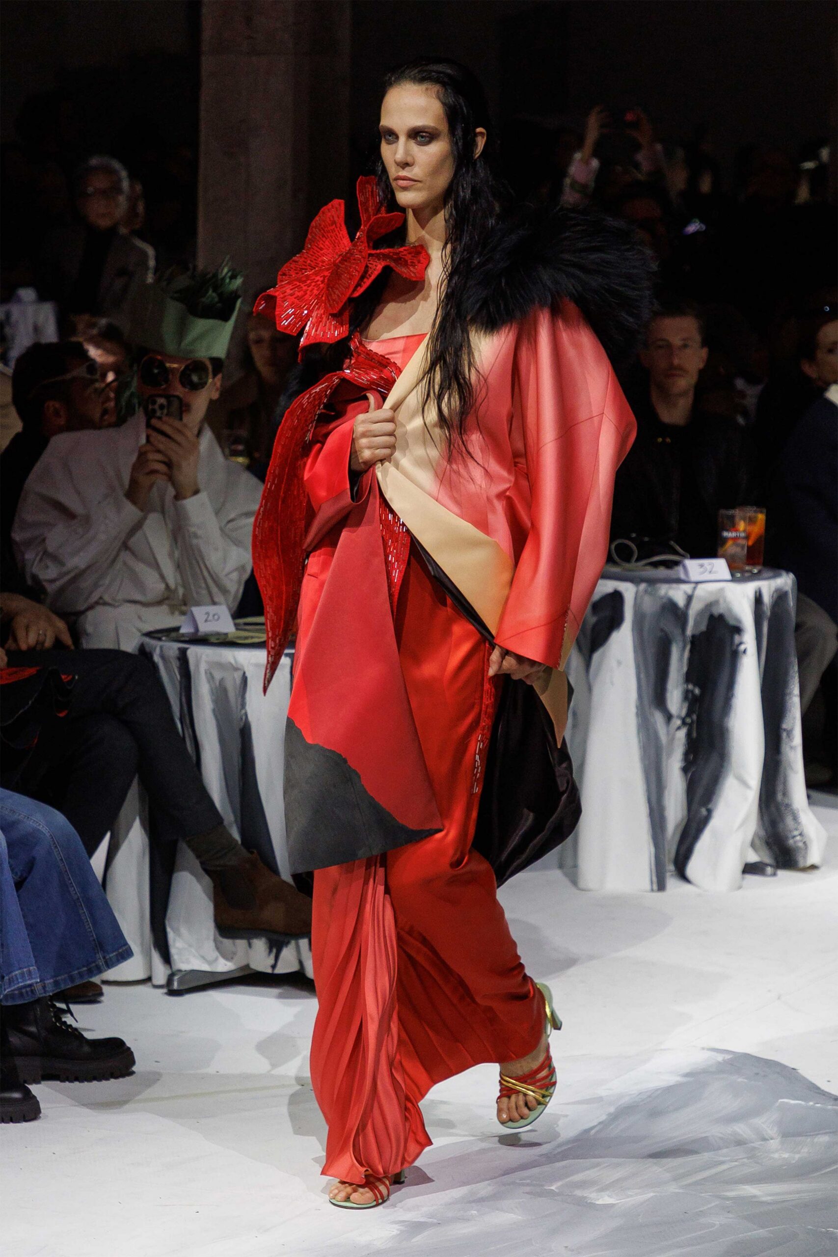 red silk long-sleeve v-neck relaxed draped layered dress