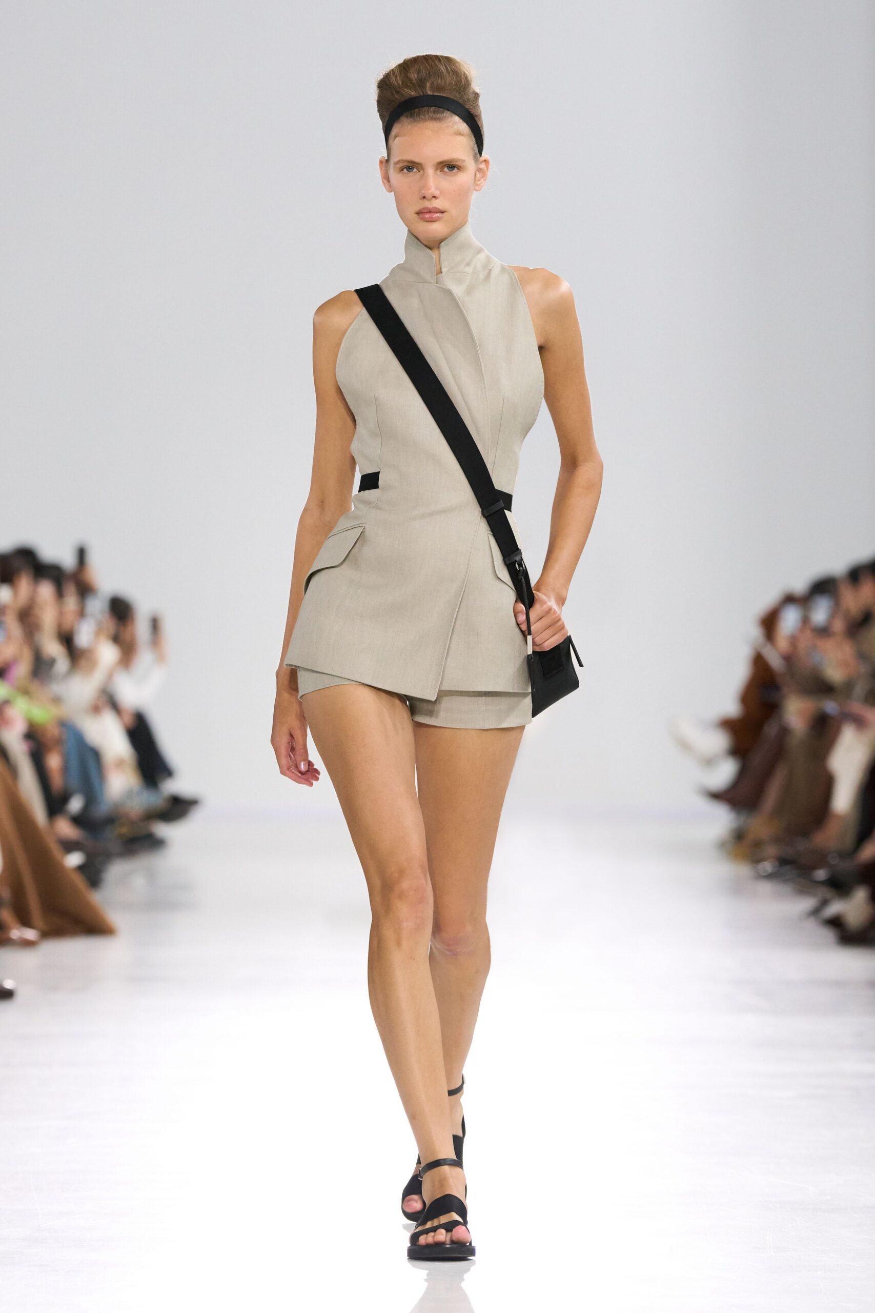 beige cotton sleeveless collared fitted zippered pockets romper