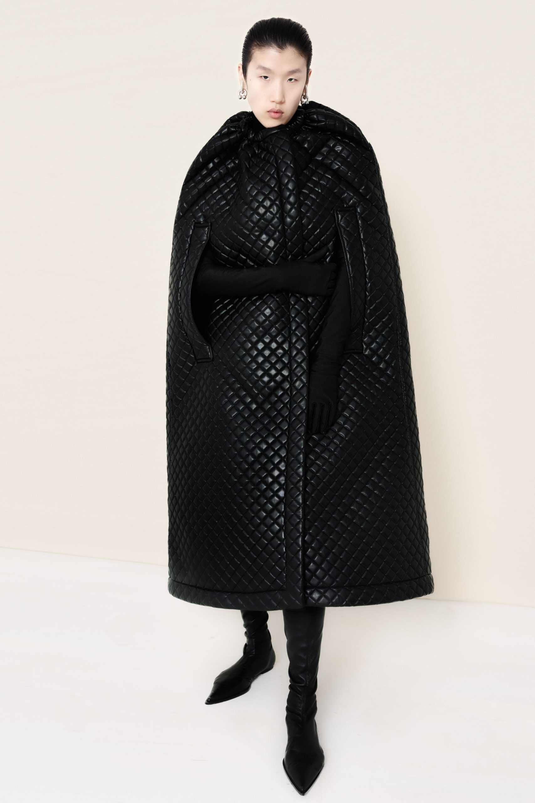black leather structured quilted maxi cape