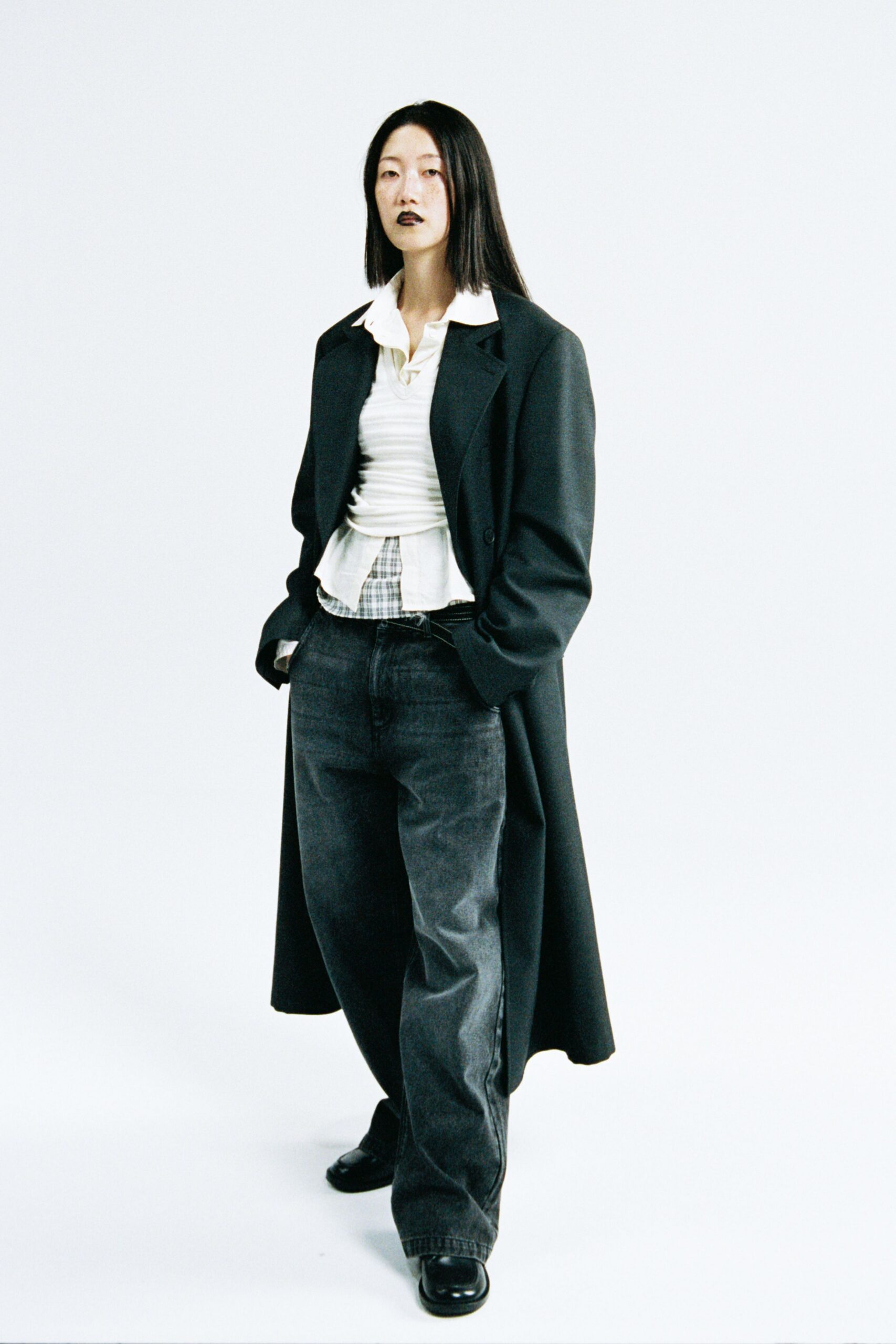 black wool coat with white shirt