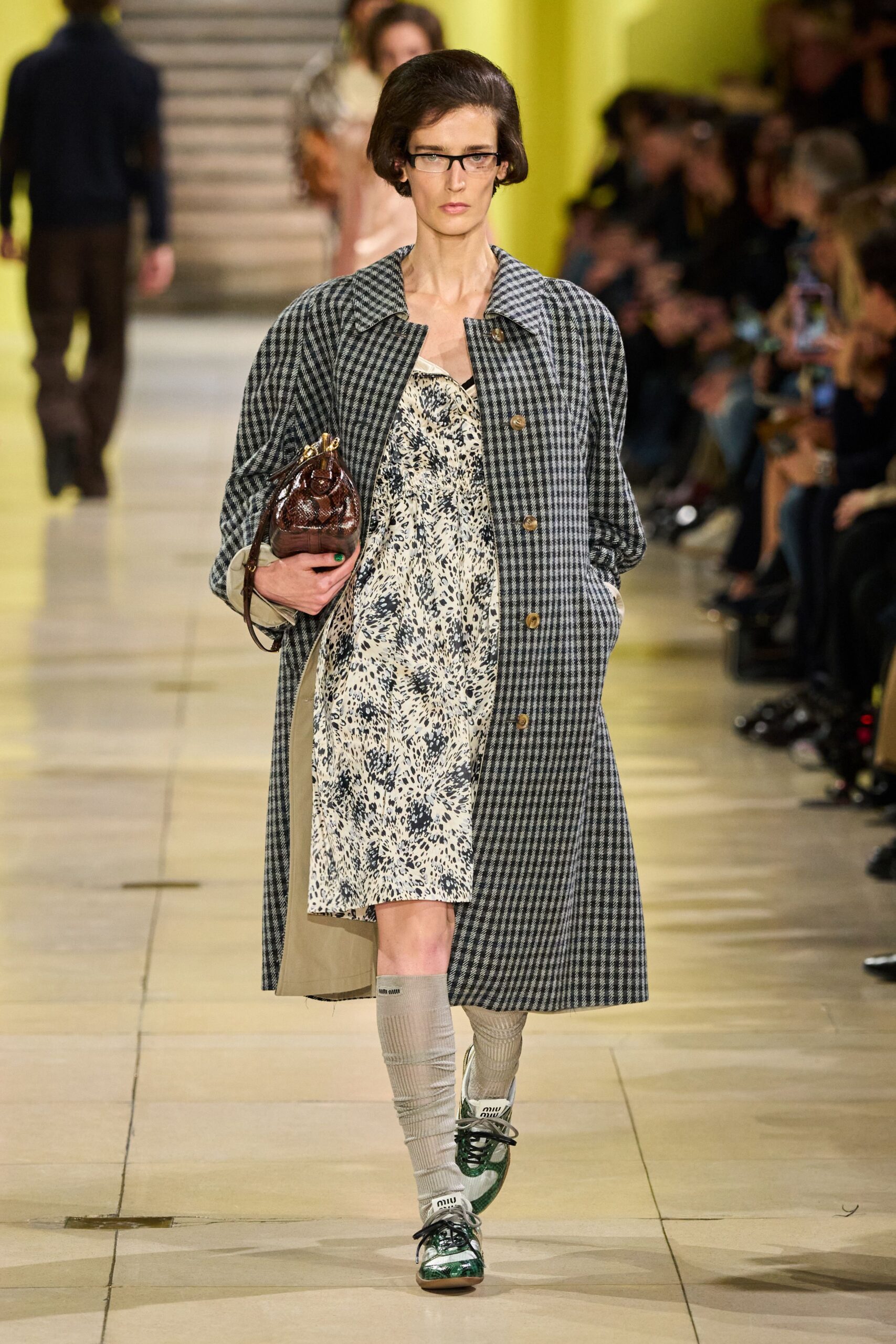 gray checked coat with floral dress