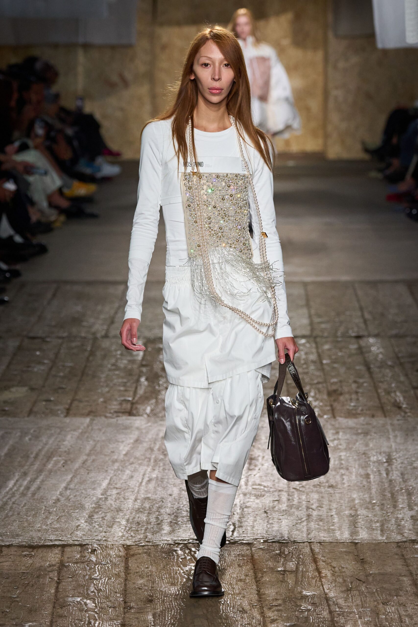 white relaxed midi dress with bag