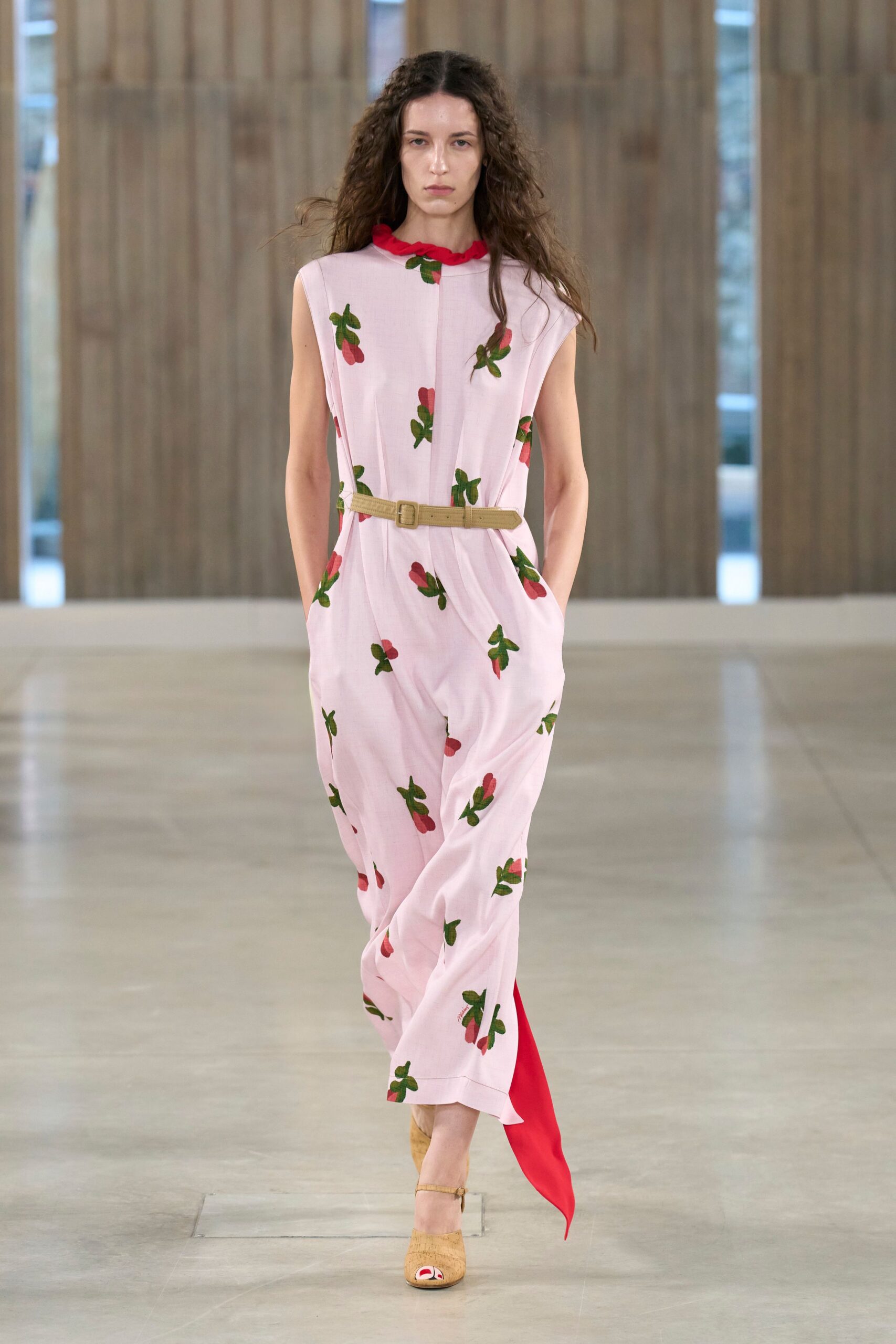 pink cotton sleeveless collared fitted floral pockets jumpsuit