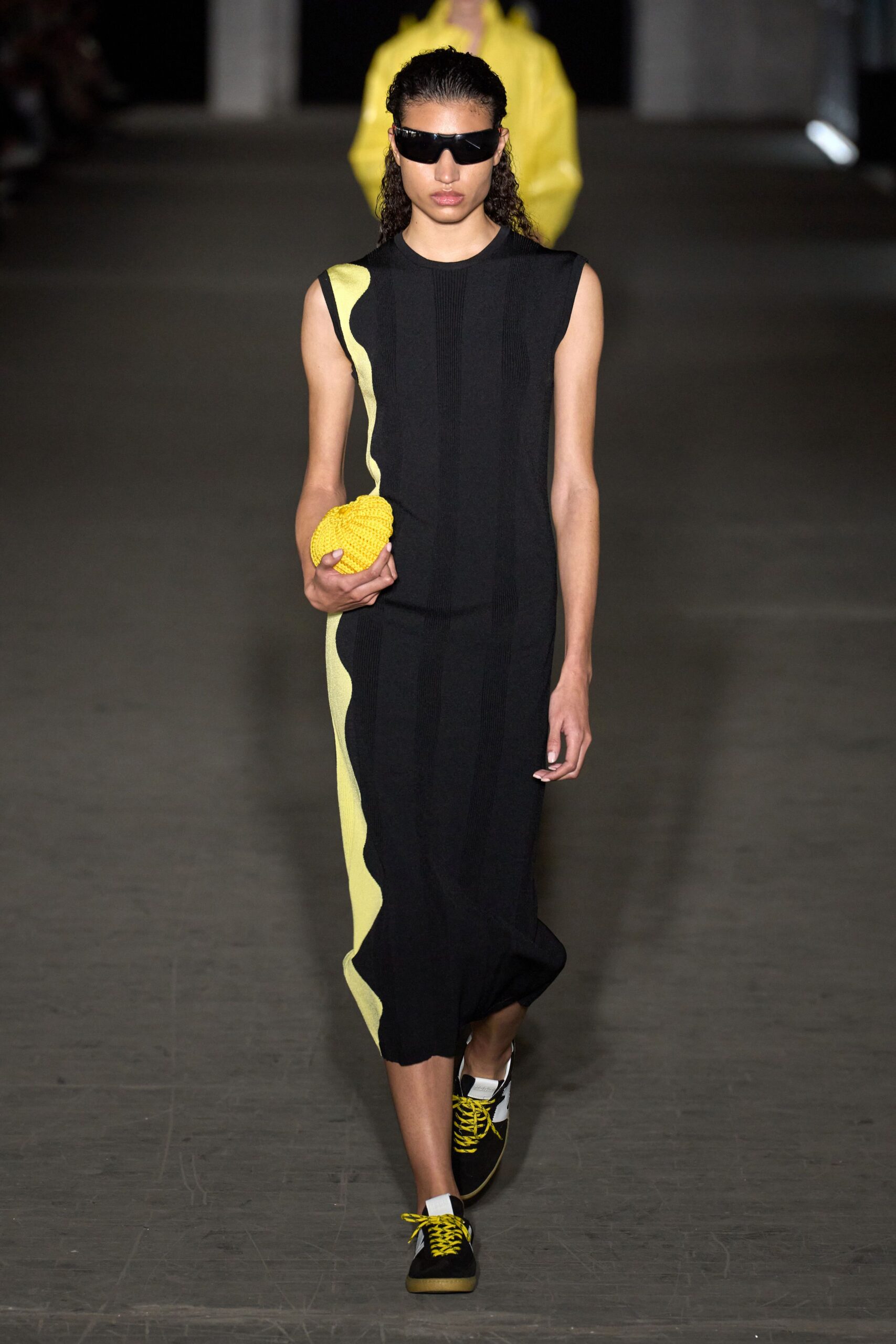 black and yellow striped midi dress