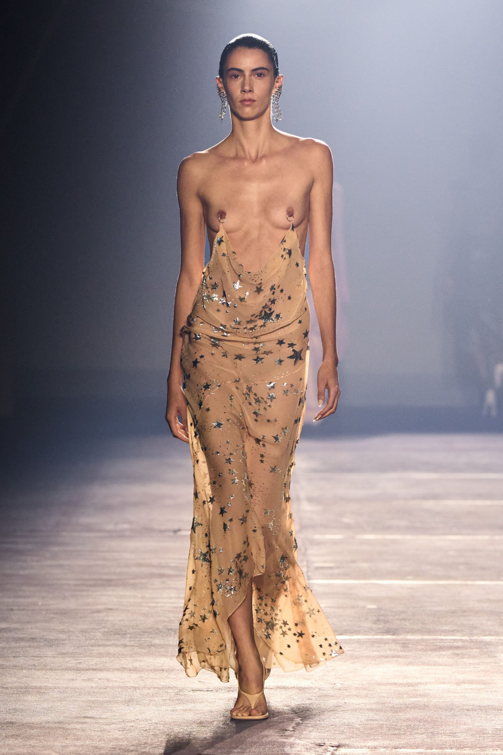 beige silk sleeveless v-neck fitted sequined draped gown