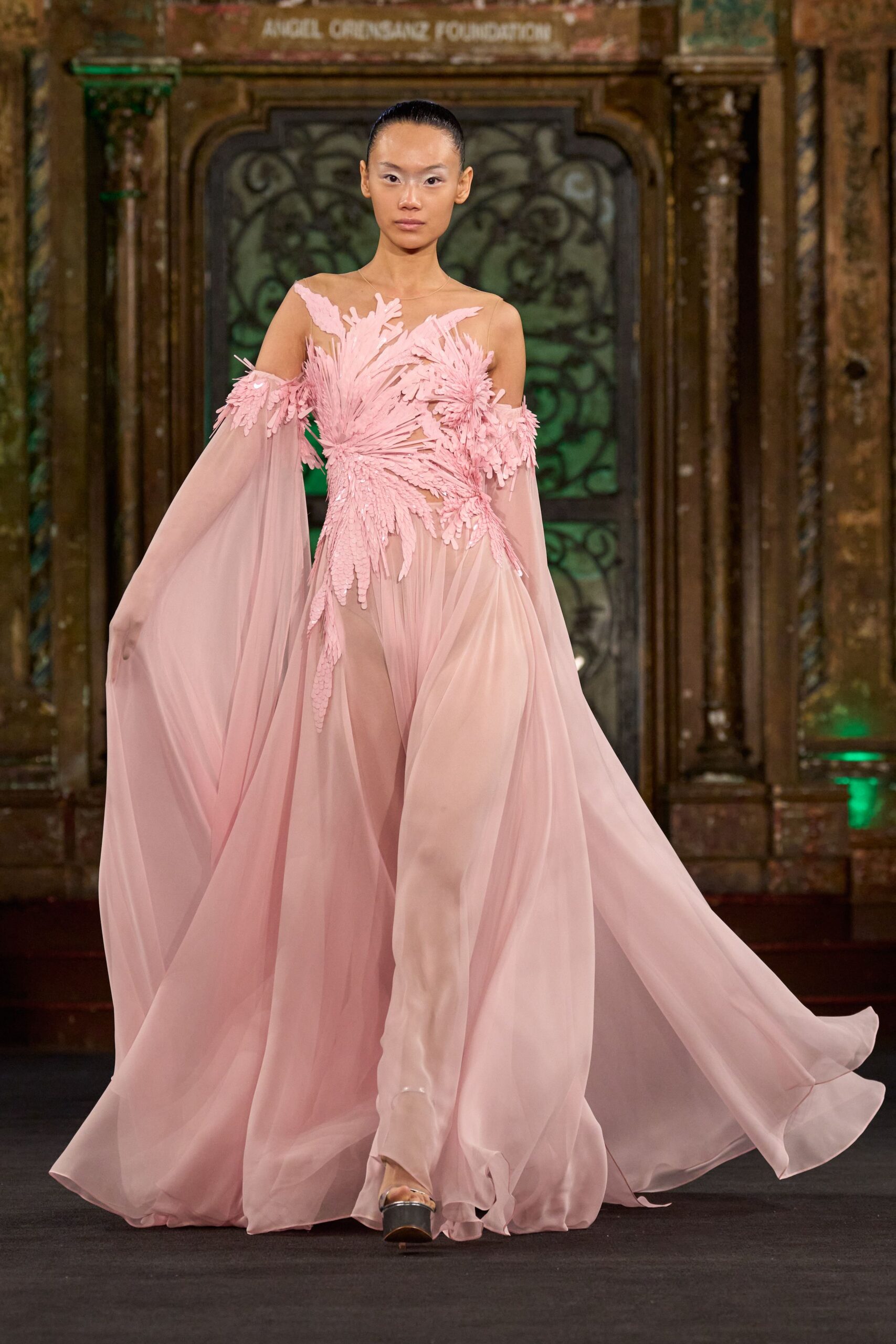 pink silk sleeveless v-neck fitted ruffled draped gown