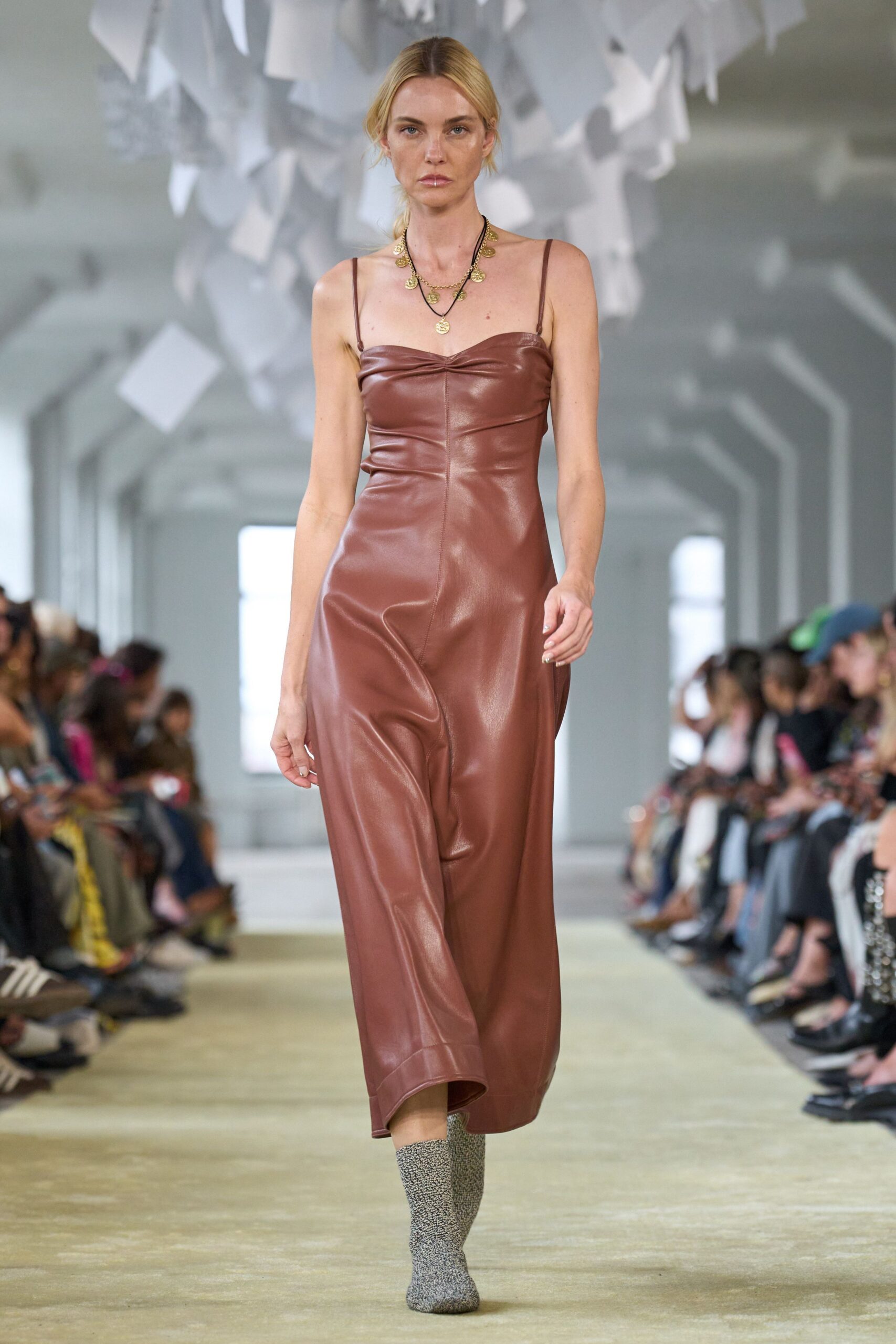 brown leather sleeveless midi dress with gray knit boots