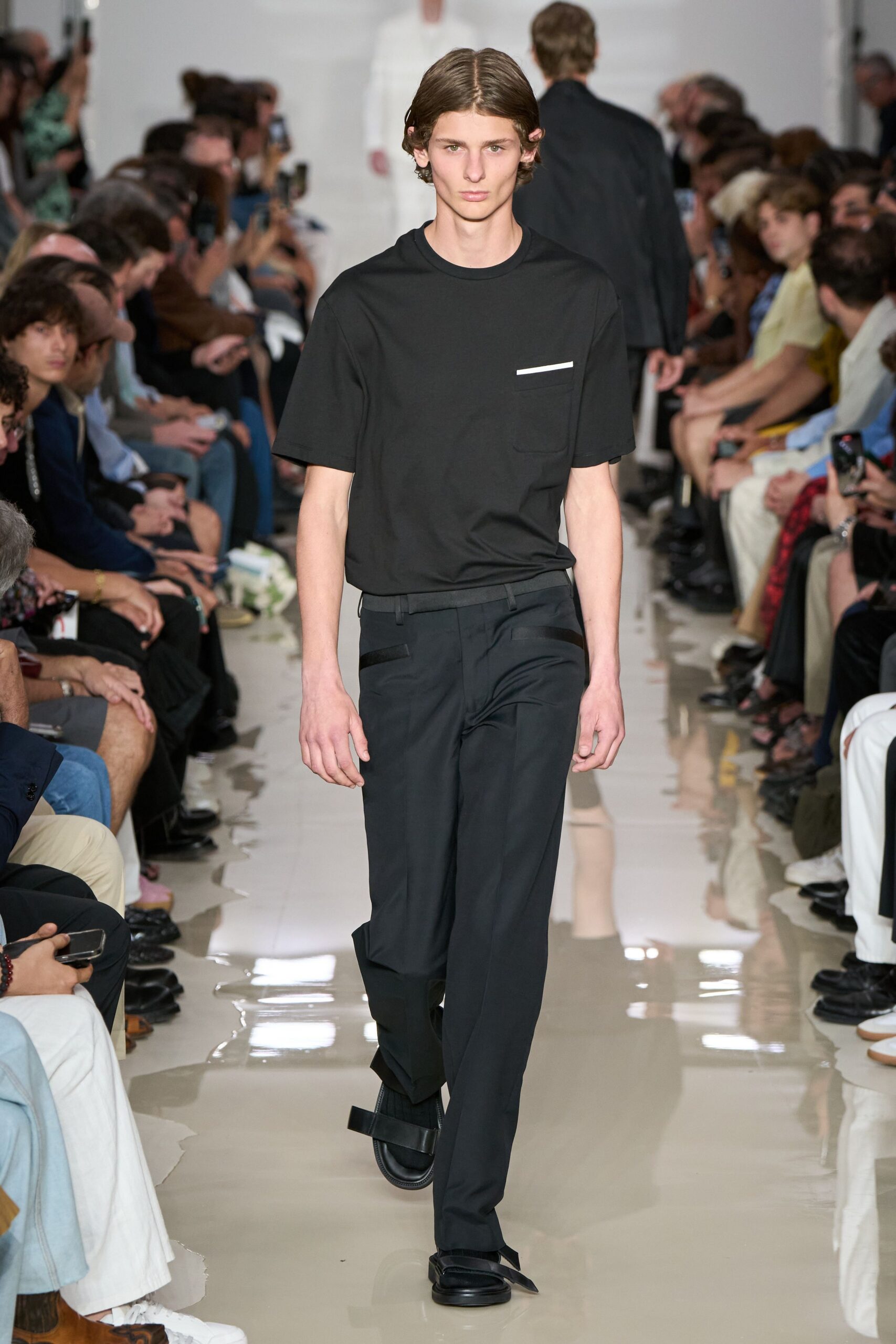black t-shirt and tailored pants