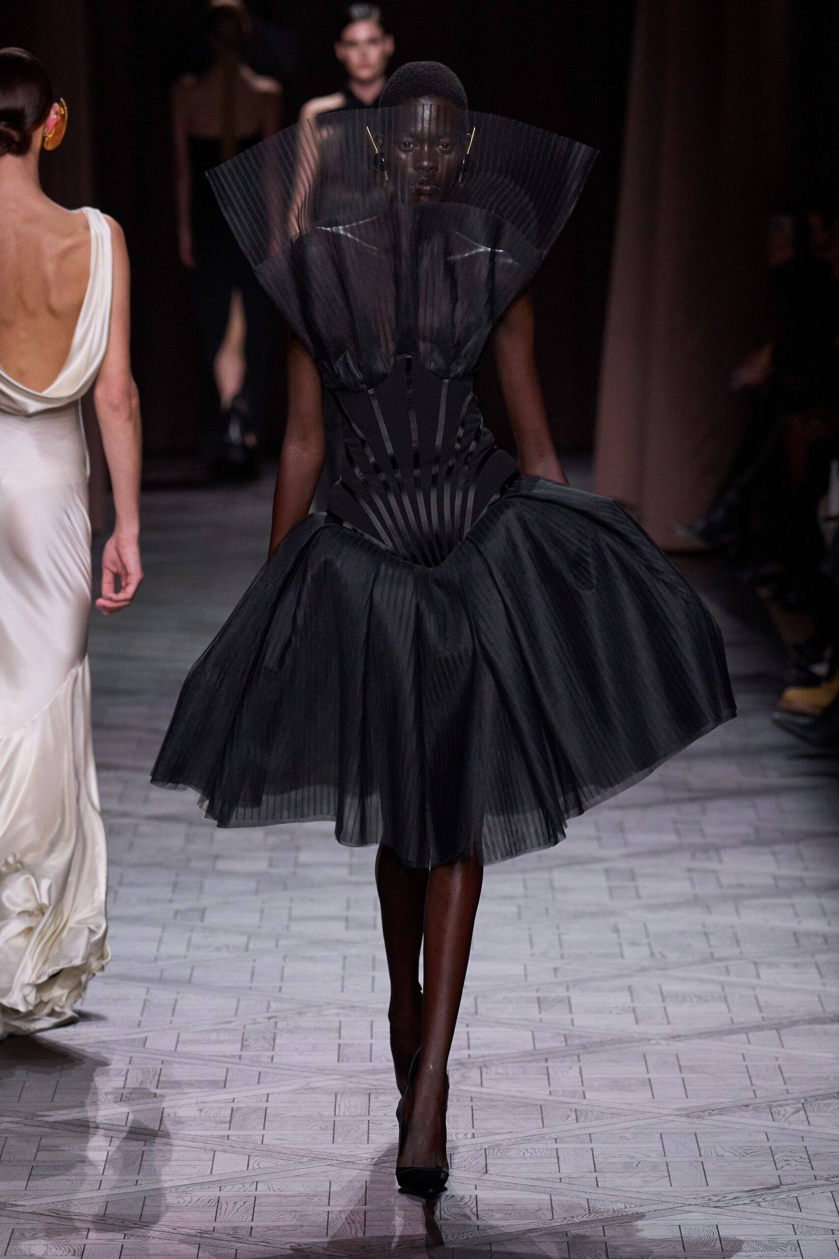 black pleated midi dress