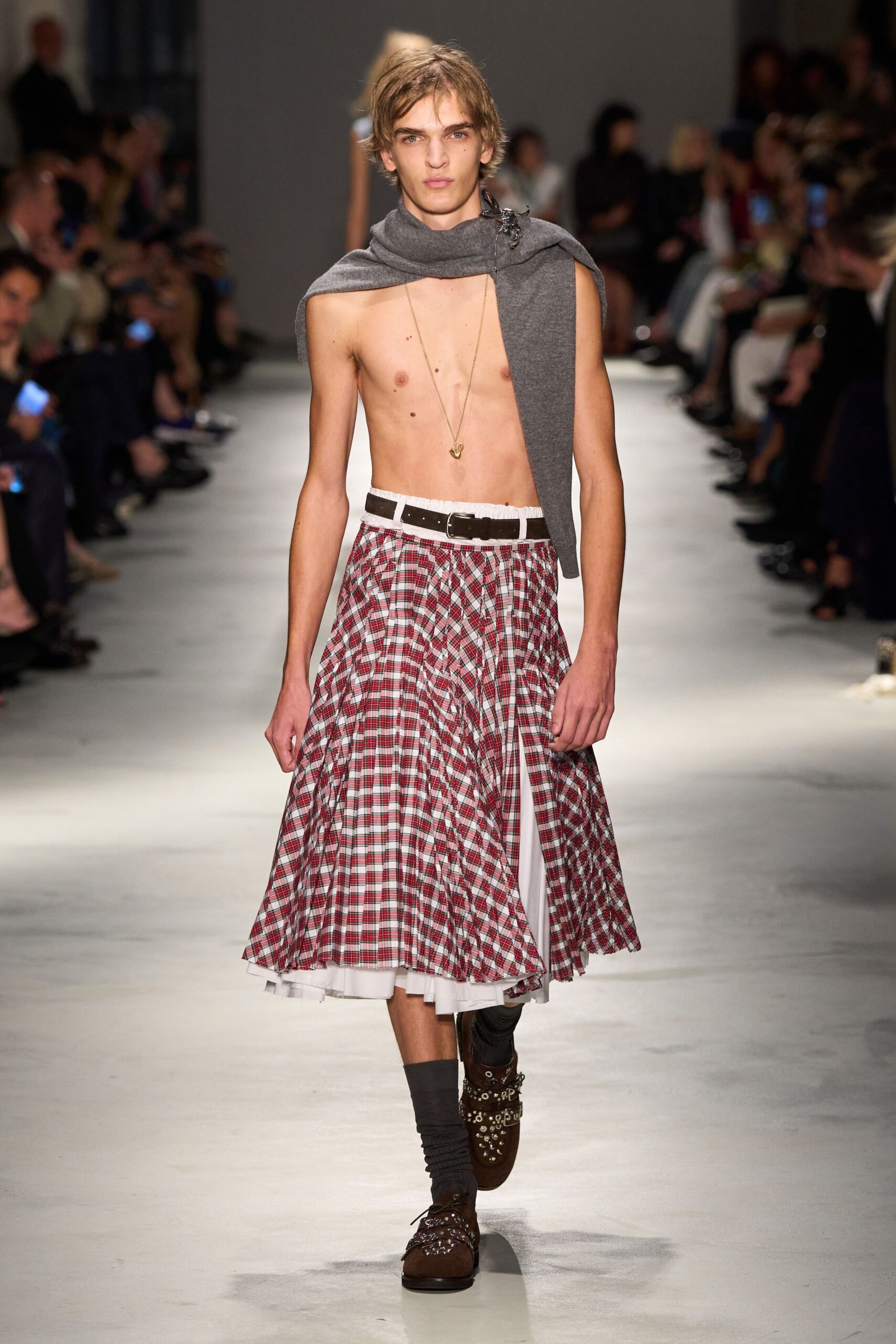 midi pleated checked skirt with gray top