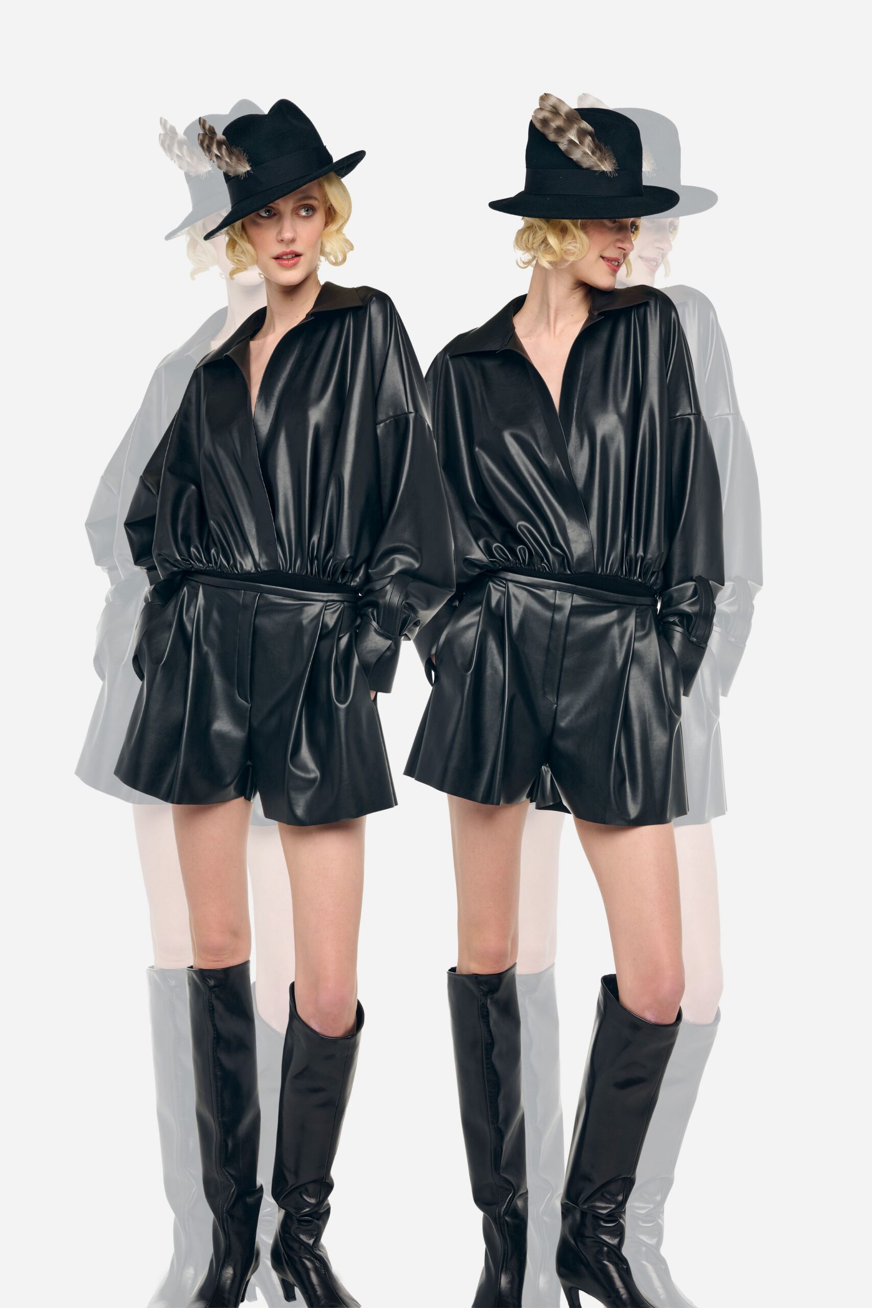 black leather long-sleeve v-neck fitted belted romper