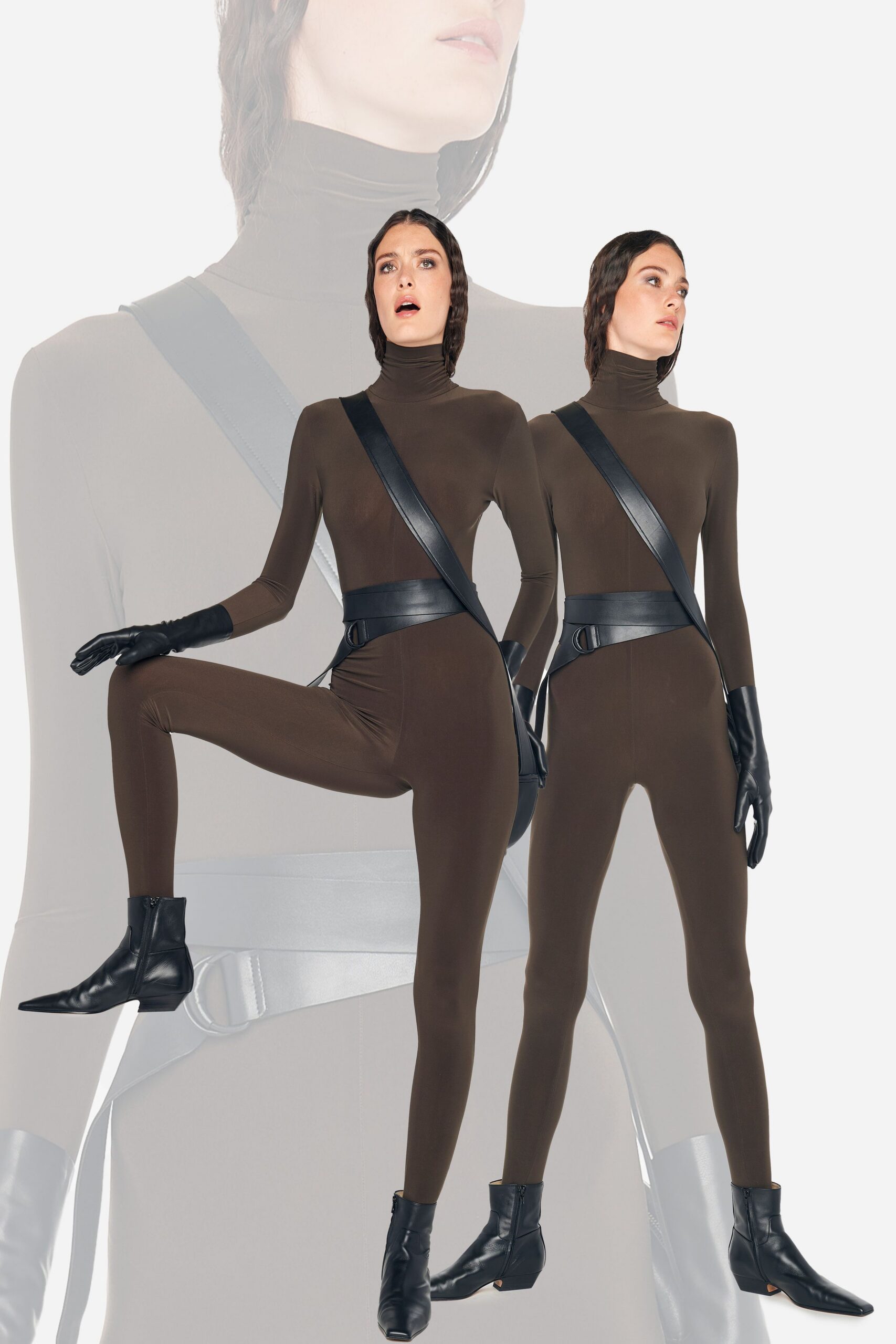 brown fitted catsuit with gloves
