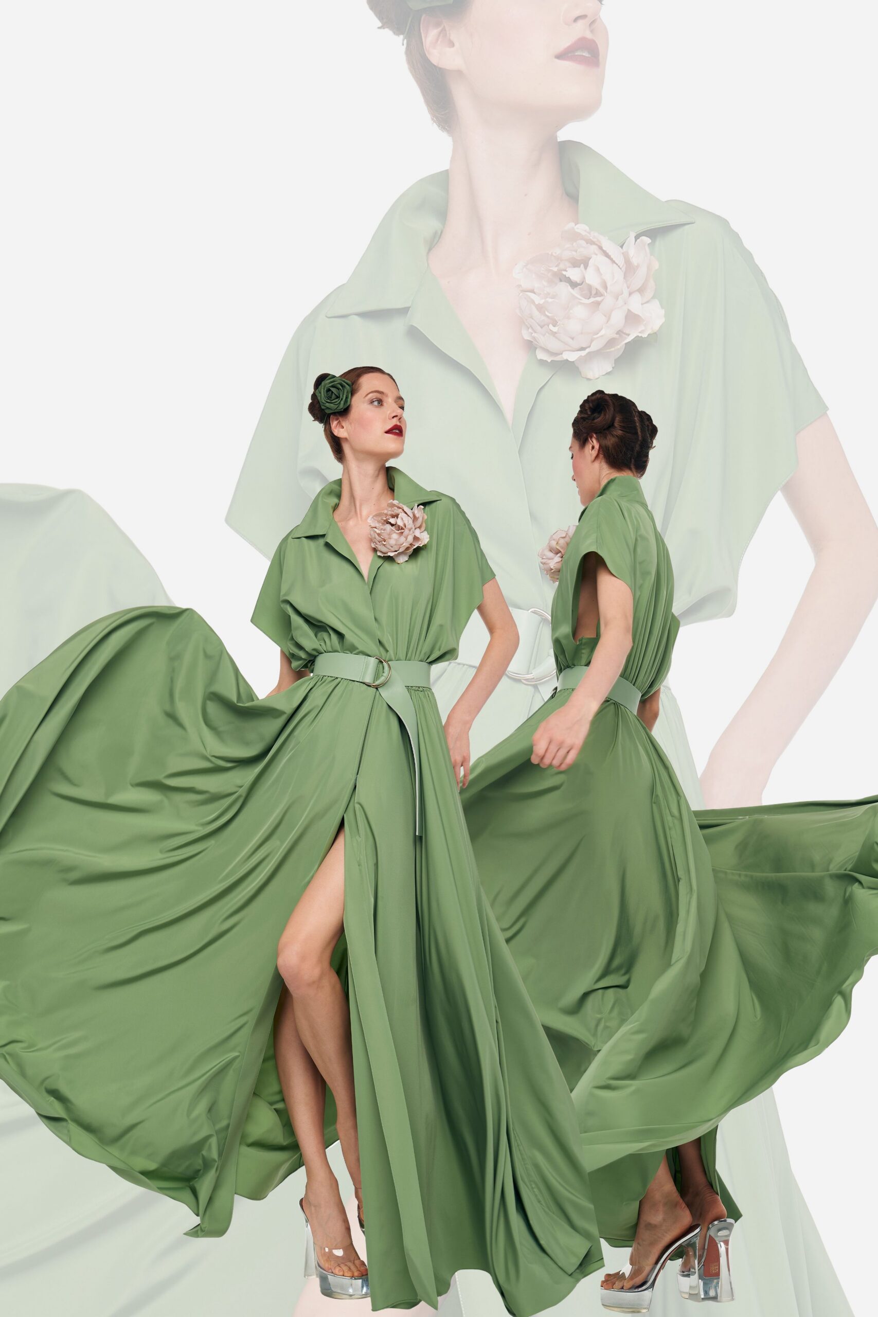 green silk short-sleeve collared relaxed belted flowing dress