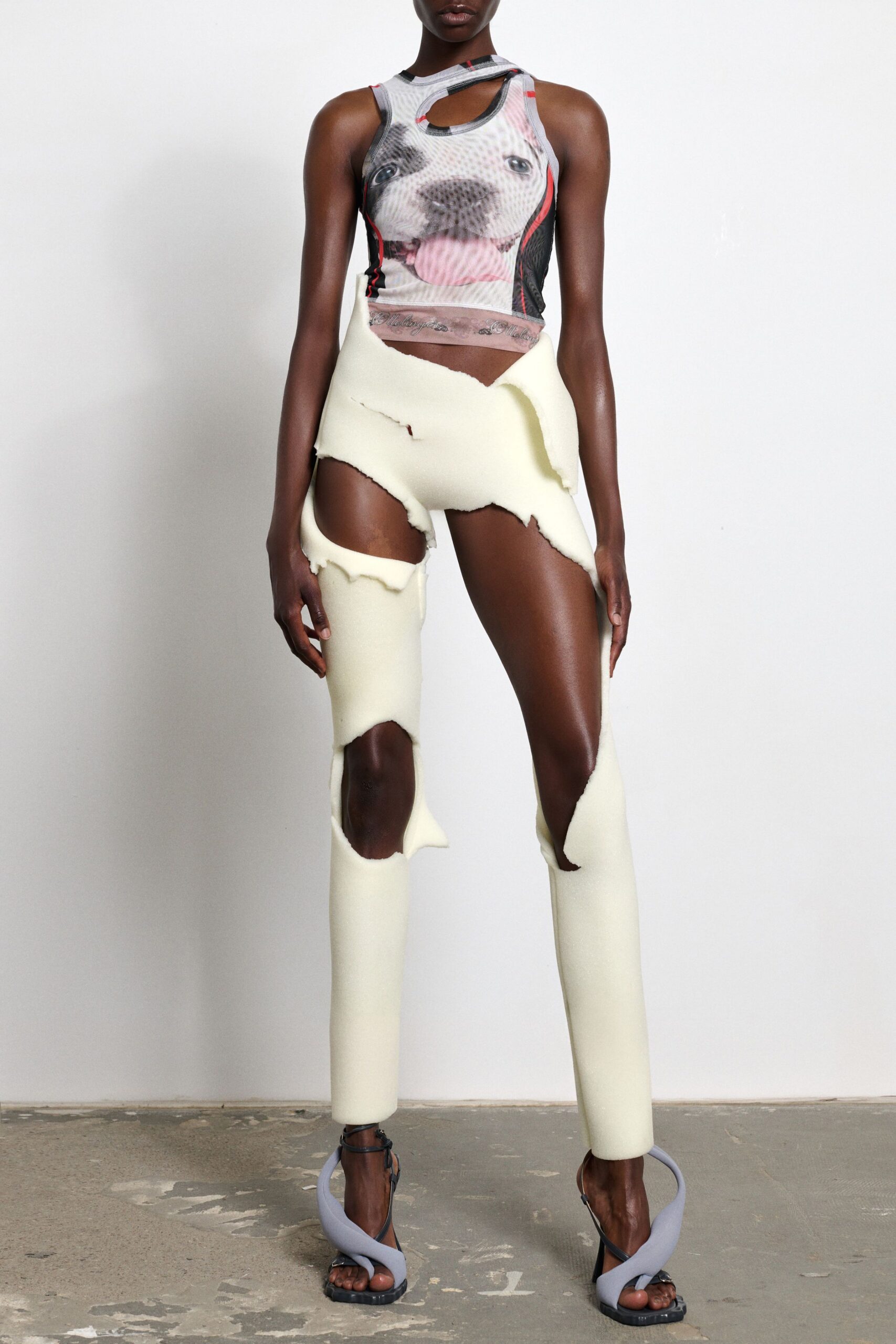 multi mesh sleeveless cutout fitted printed tank-top