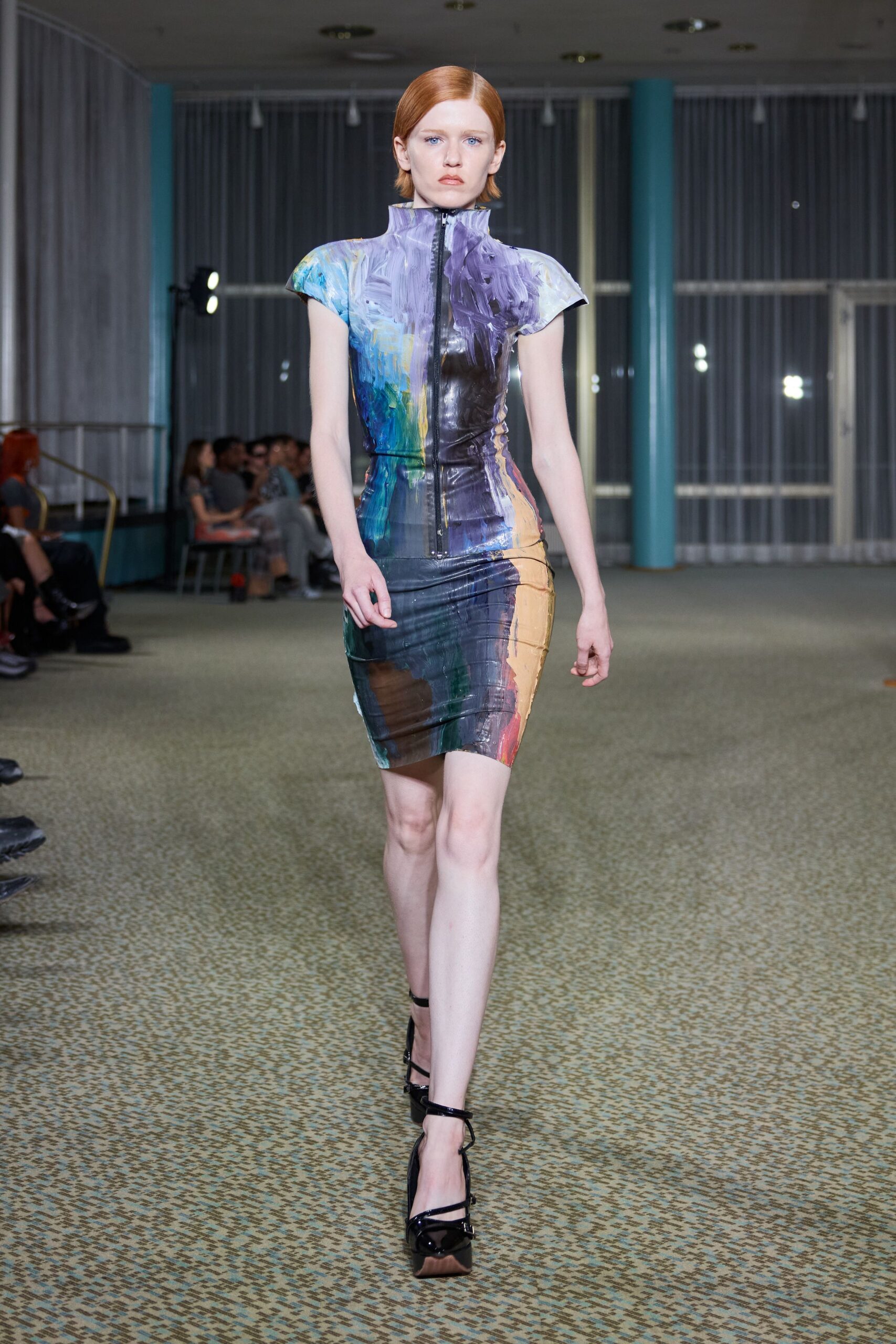 multi vinyl short-sleeve fitted zippered color-blocked shiny dress
