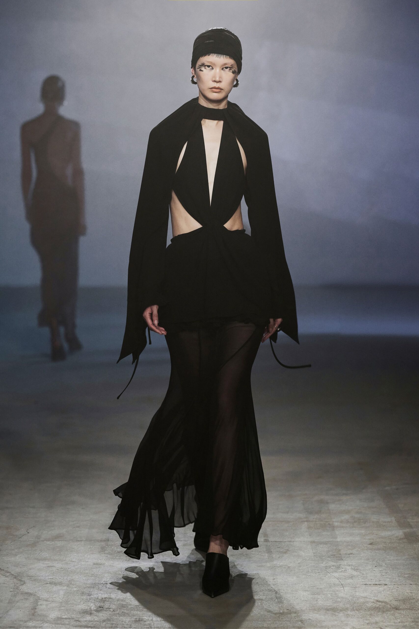 black silk sleeveless high-neck fitted draped tiered gown