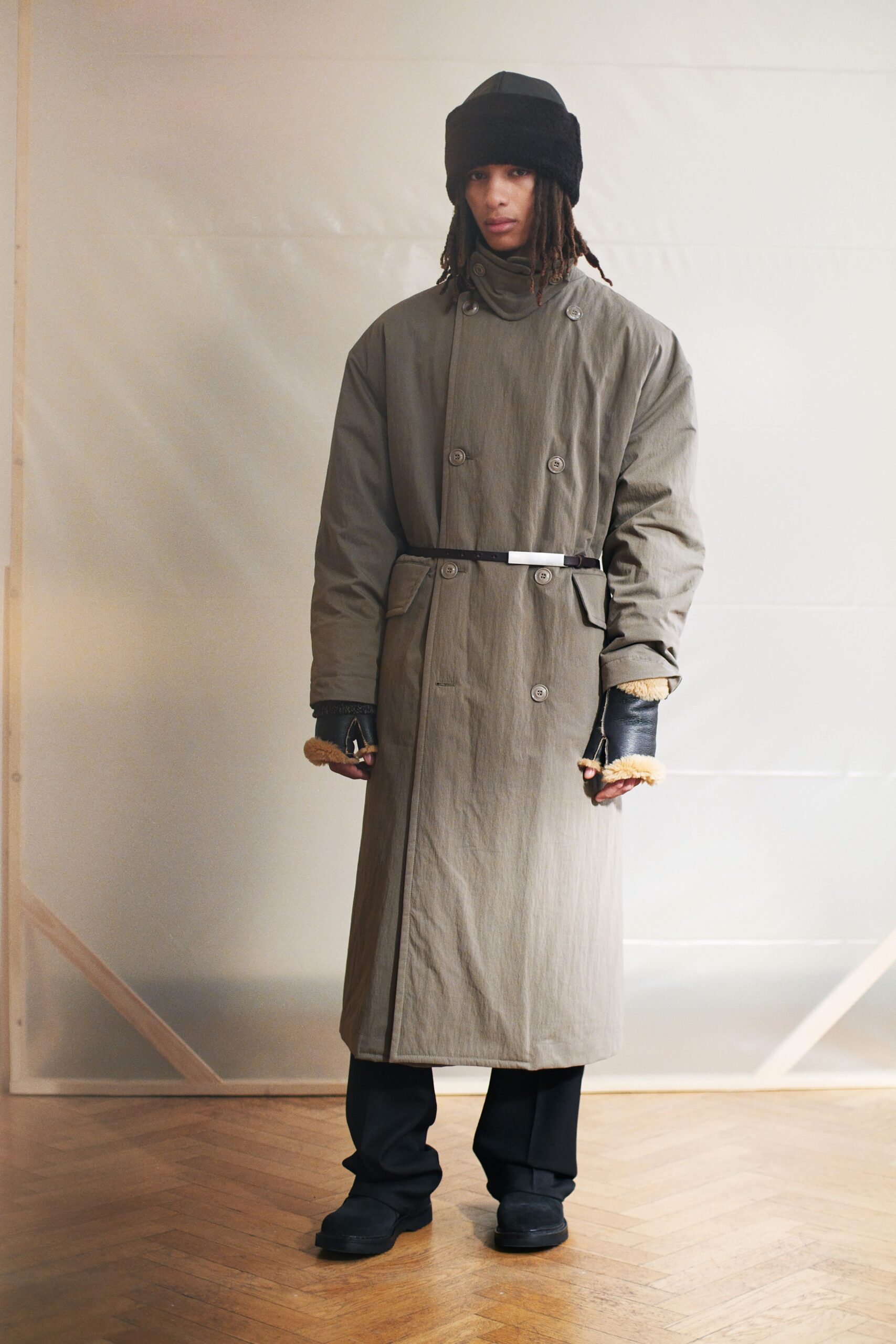 gray cotton long-sleeve collared relaxed belted maxi coat