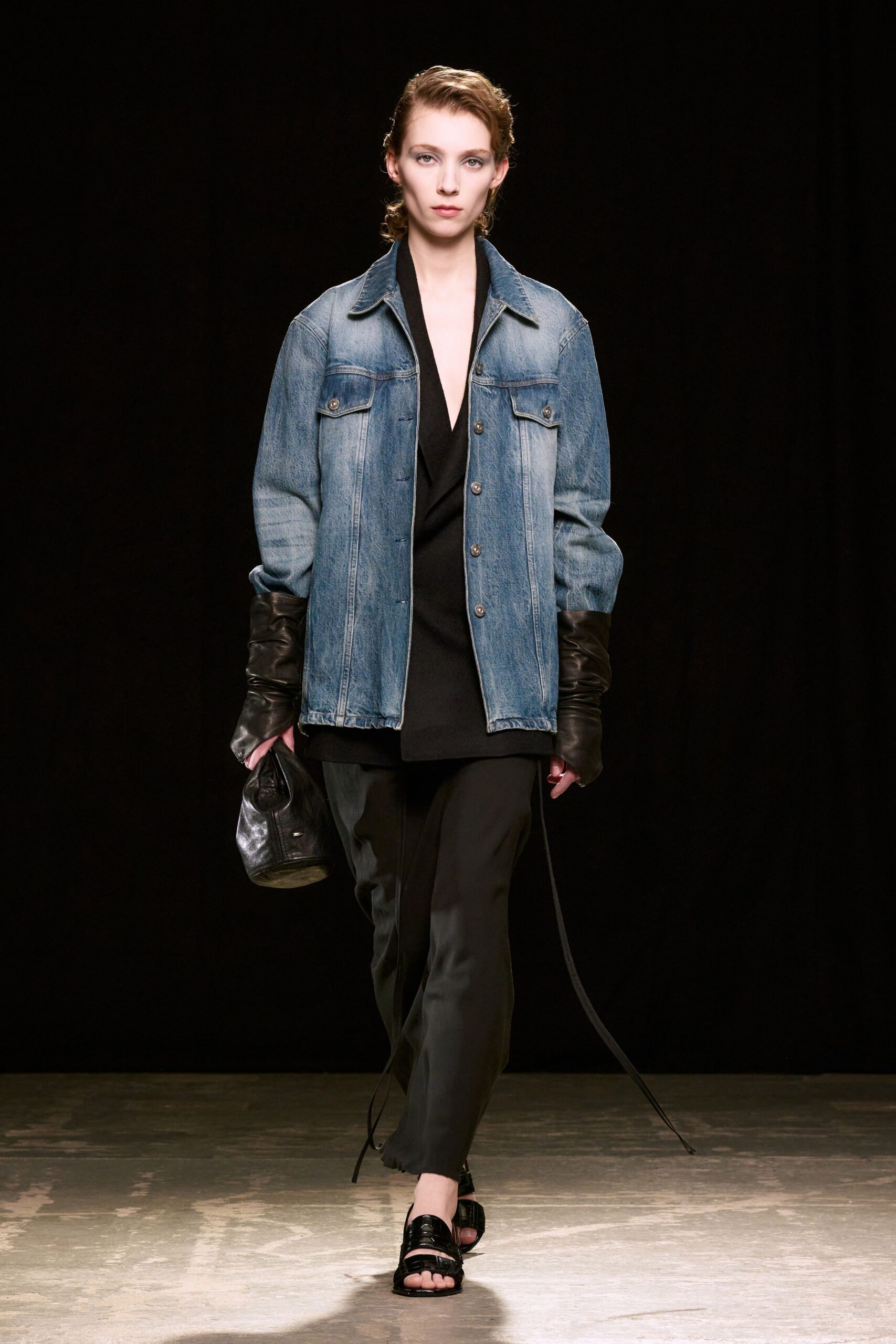 denim jacket black top pants
